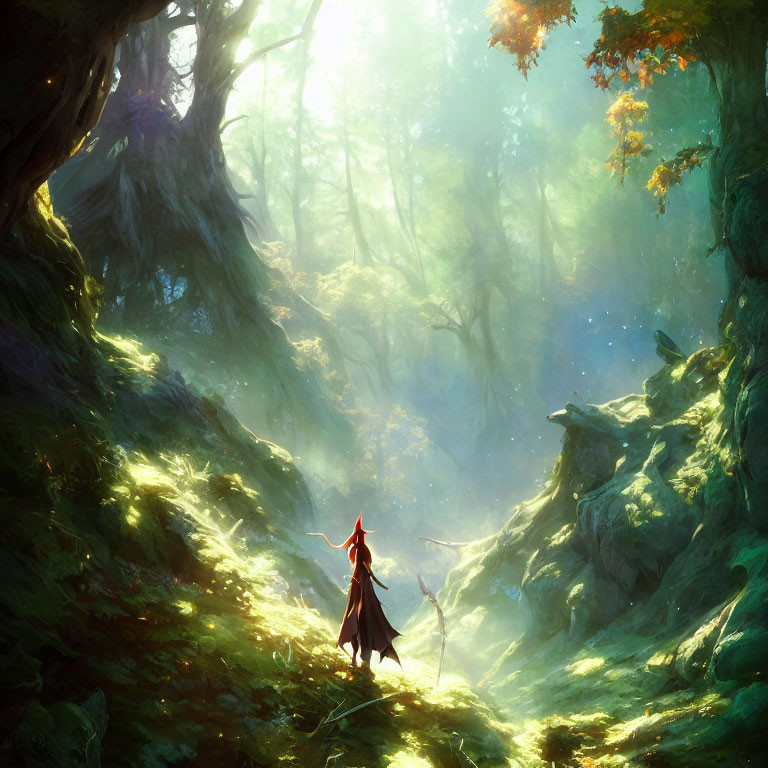 Cloaked figure in mystical forest under sunlight with grand trees and lush greenery