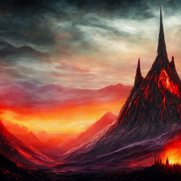 Fiery landscape with towering mountain, castle, and lava flows