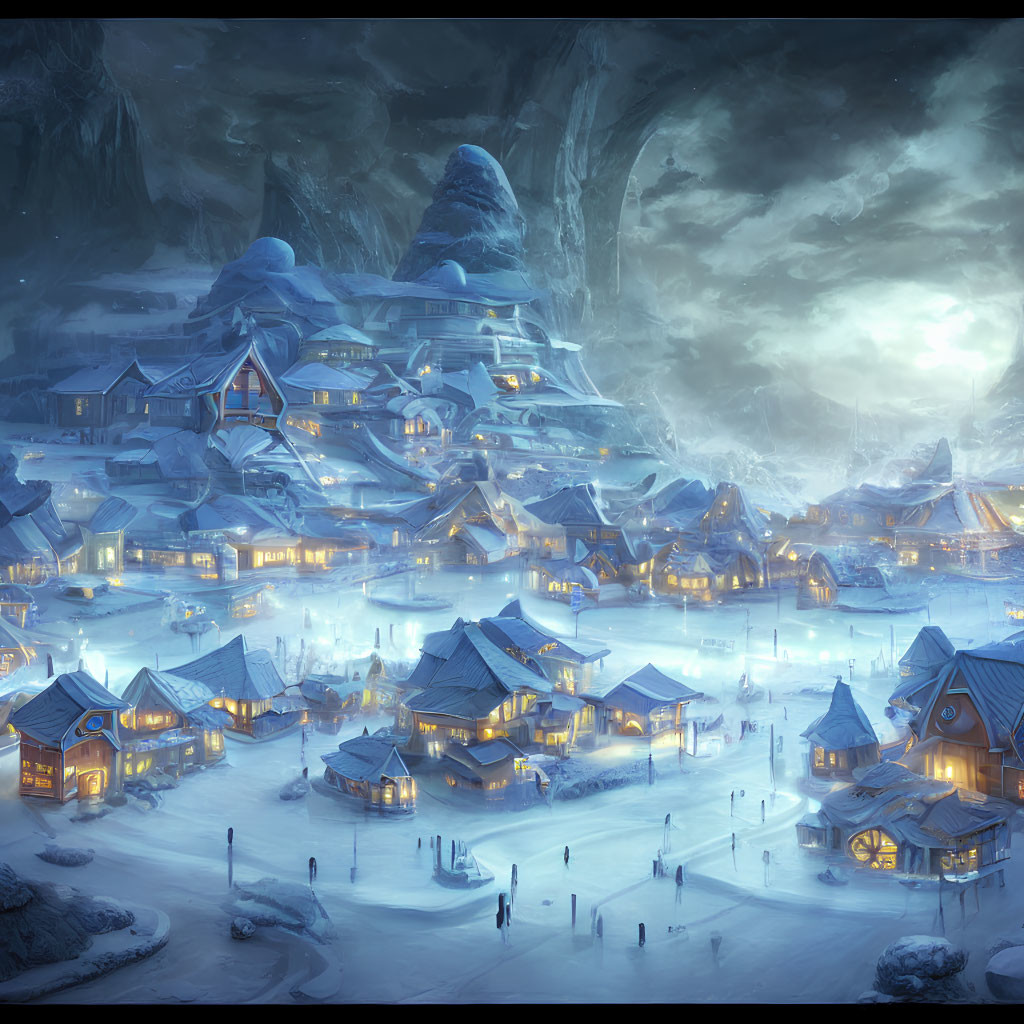 Snow-covered fantasy village nestled under mountain with glowing windows under starry night sky