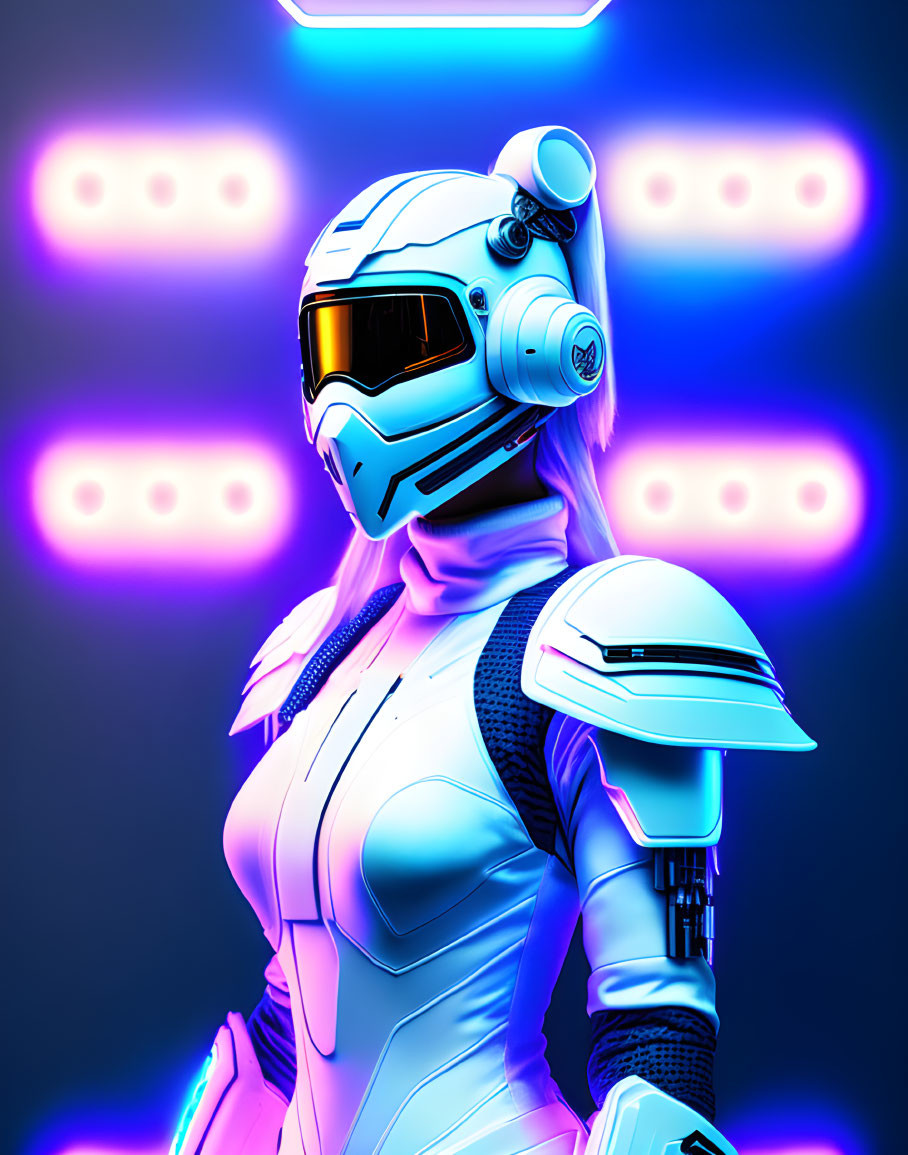 Futuristic white and blue robot with sleek helmet and neon lights