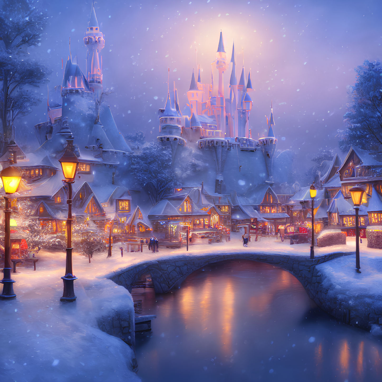 Snow-covered village with glowing street lamps and grand castle in twilight