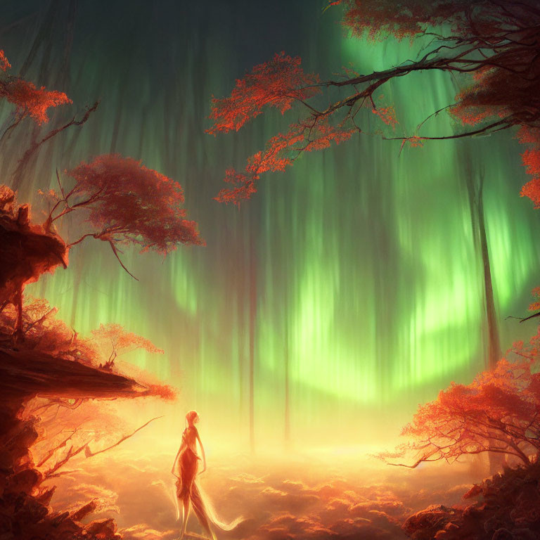 Enchanting green aurora forest with red trees and figure