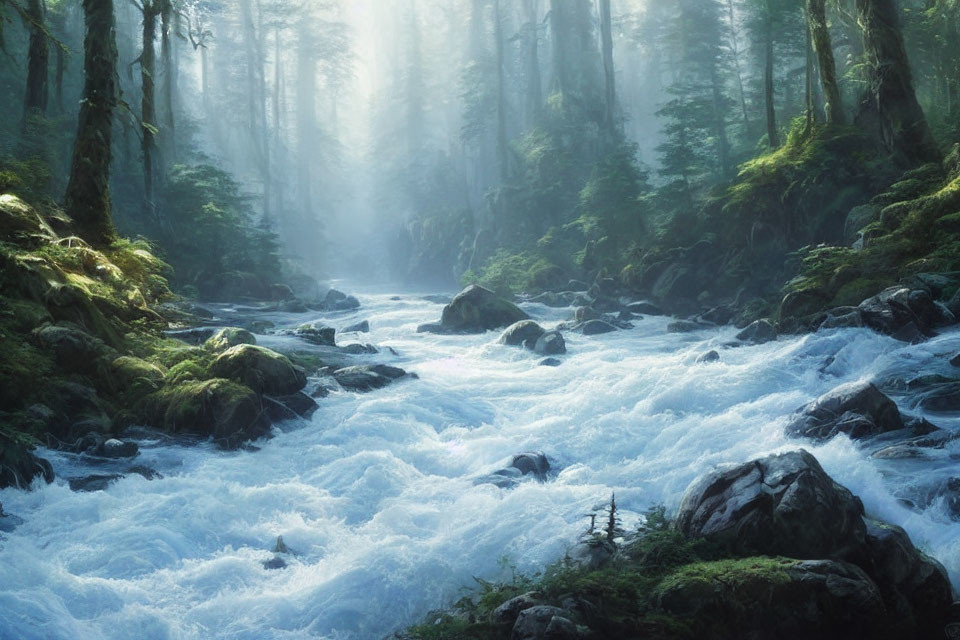 Tranquil forest landscape with misty atmosphere and rocky stream