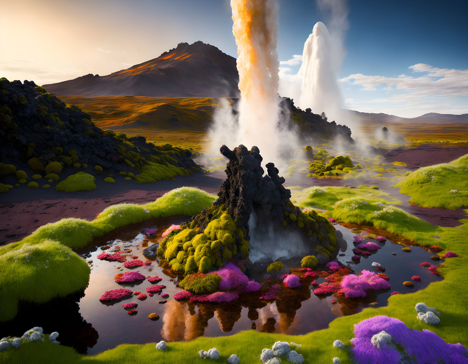 Colorful Geothermal Landscape with Steaming Geysers and Mountain Backdrop