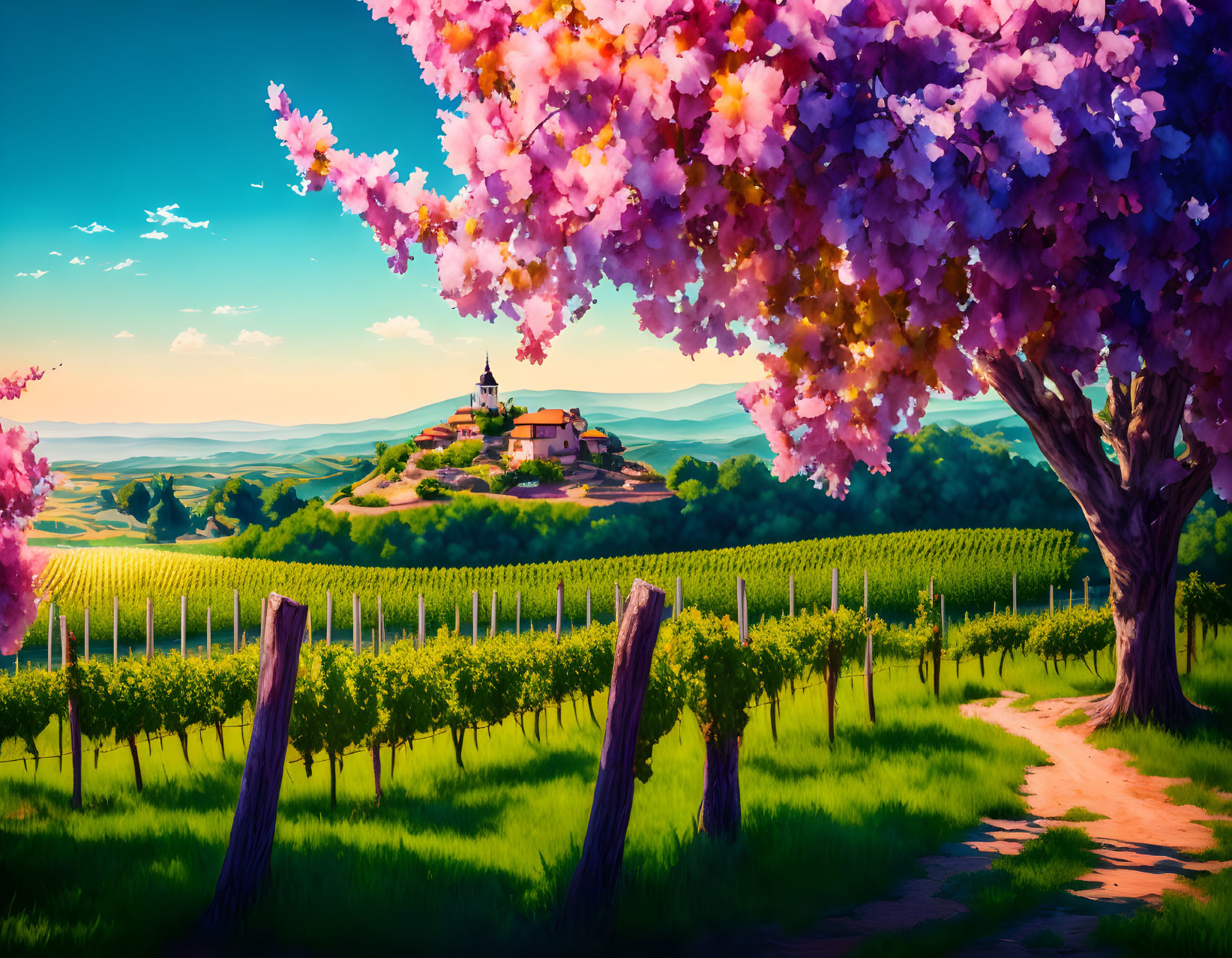 Scenic pink trees, vineyard, winding path, hilltop house under blue sky