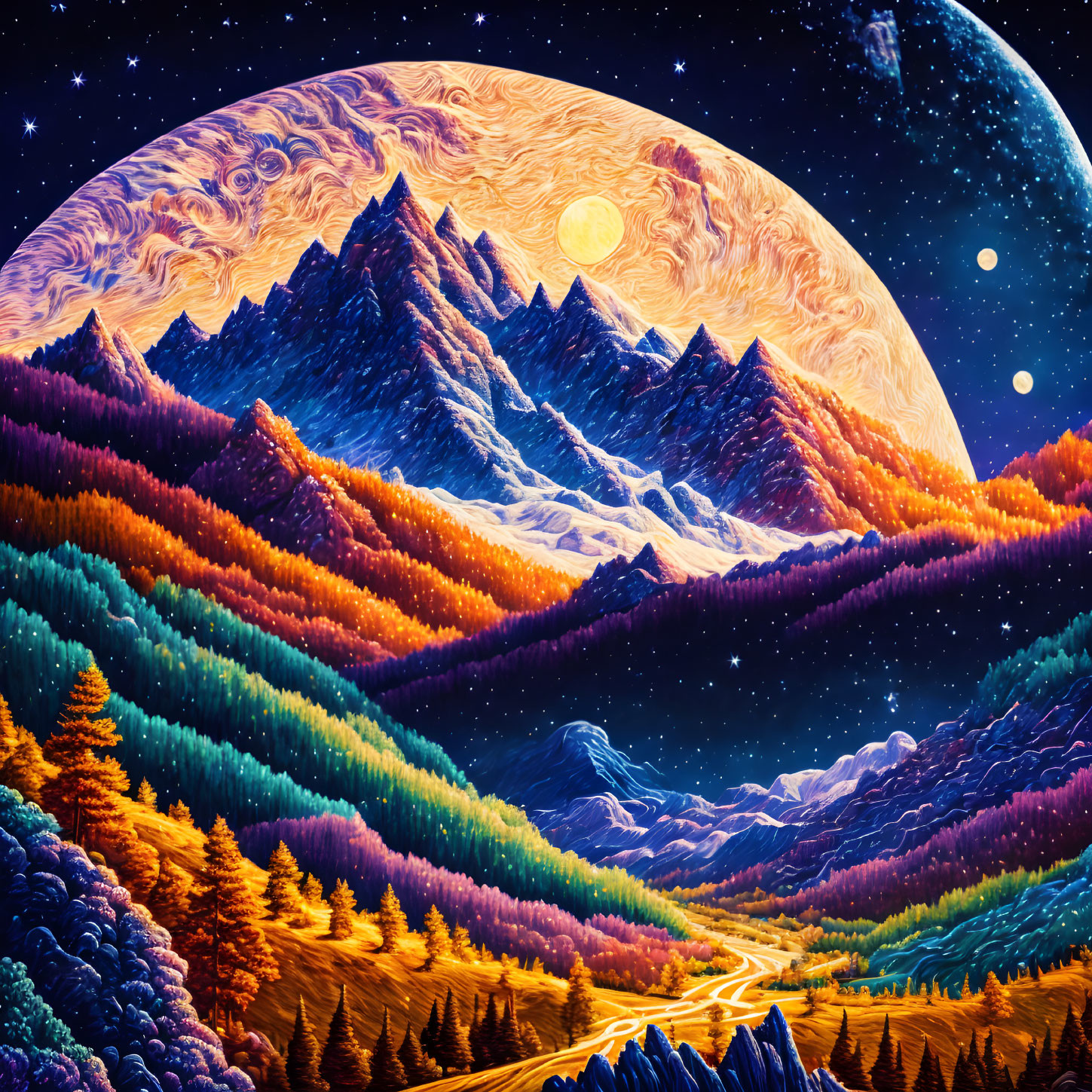 Colorful surreal landscape with large moon, winding road, and star-filled sky.