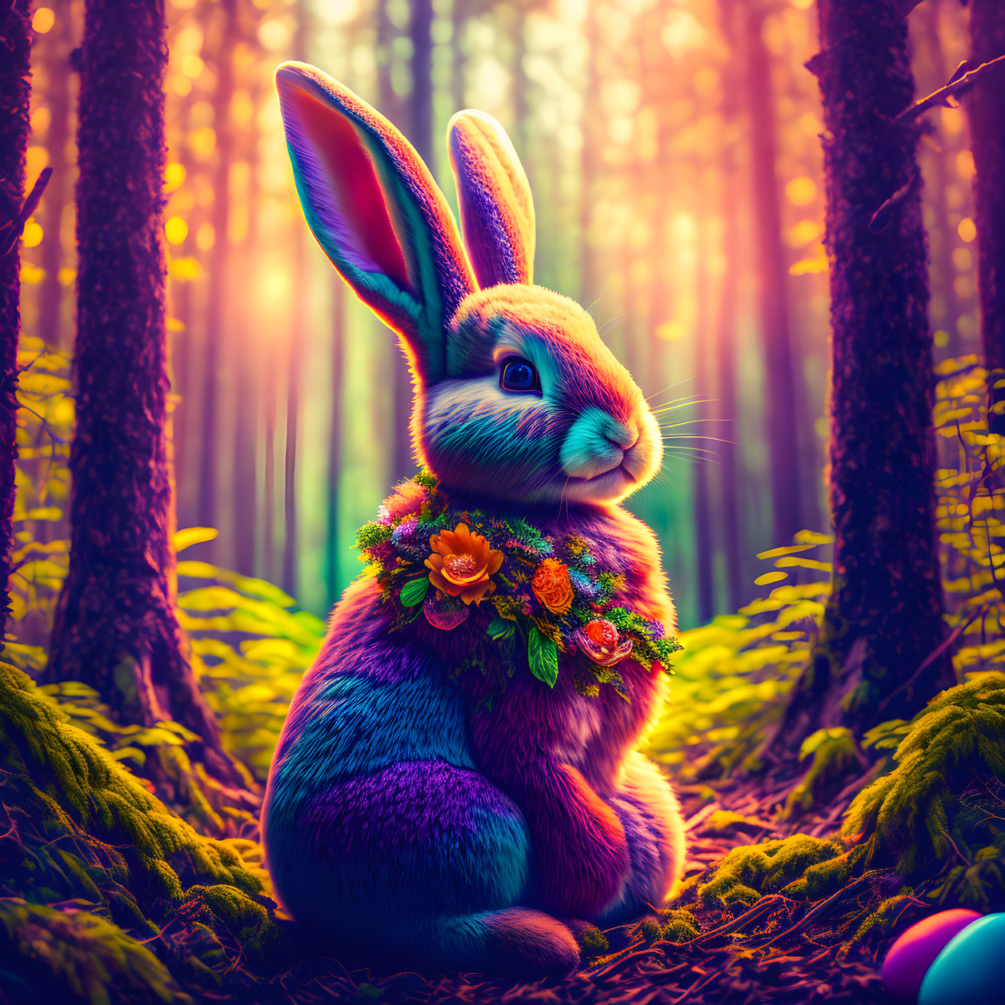 Colorful Rabbit Illustration in Mystical Forest with Flowers and Easter Eggs