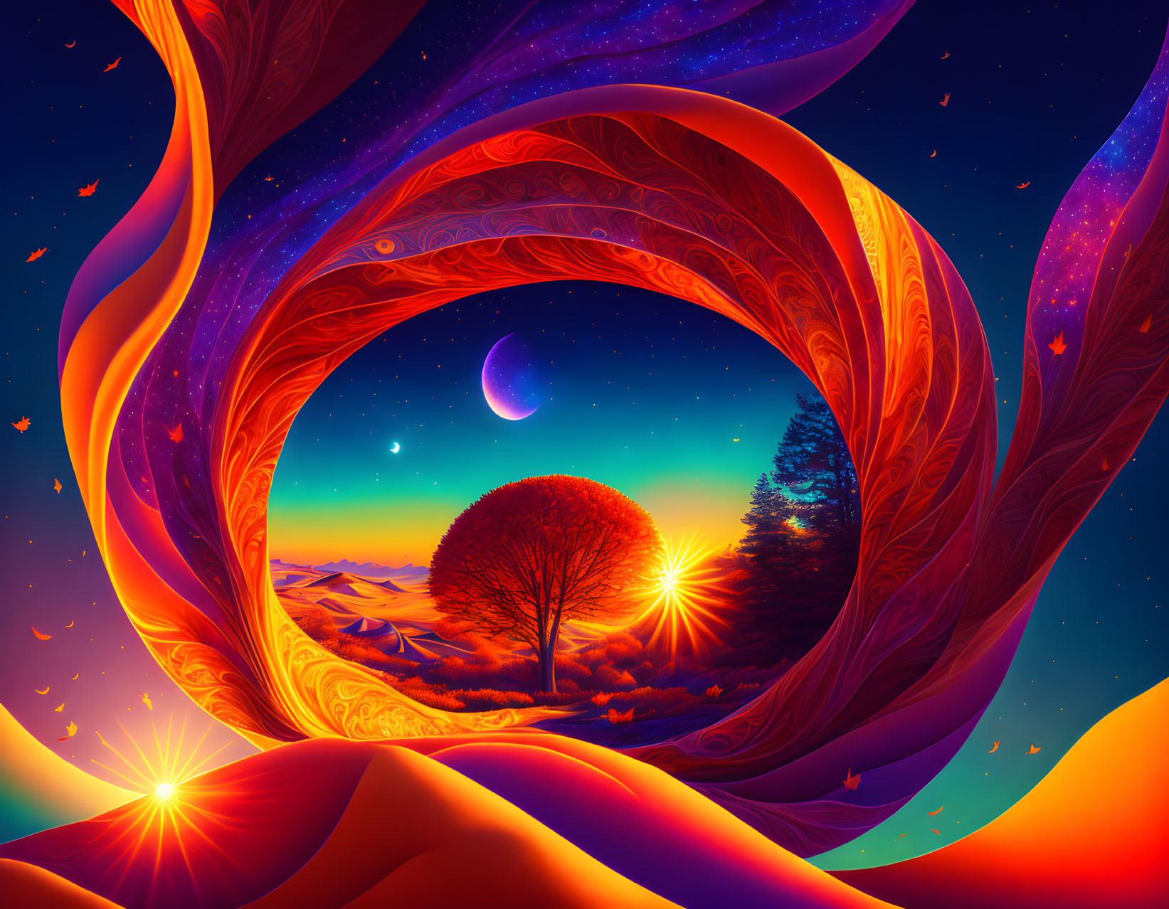 Surreal landscape with orange-red trees under crescent moon