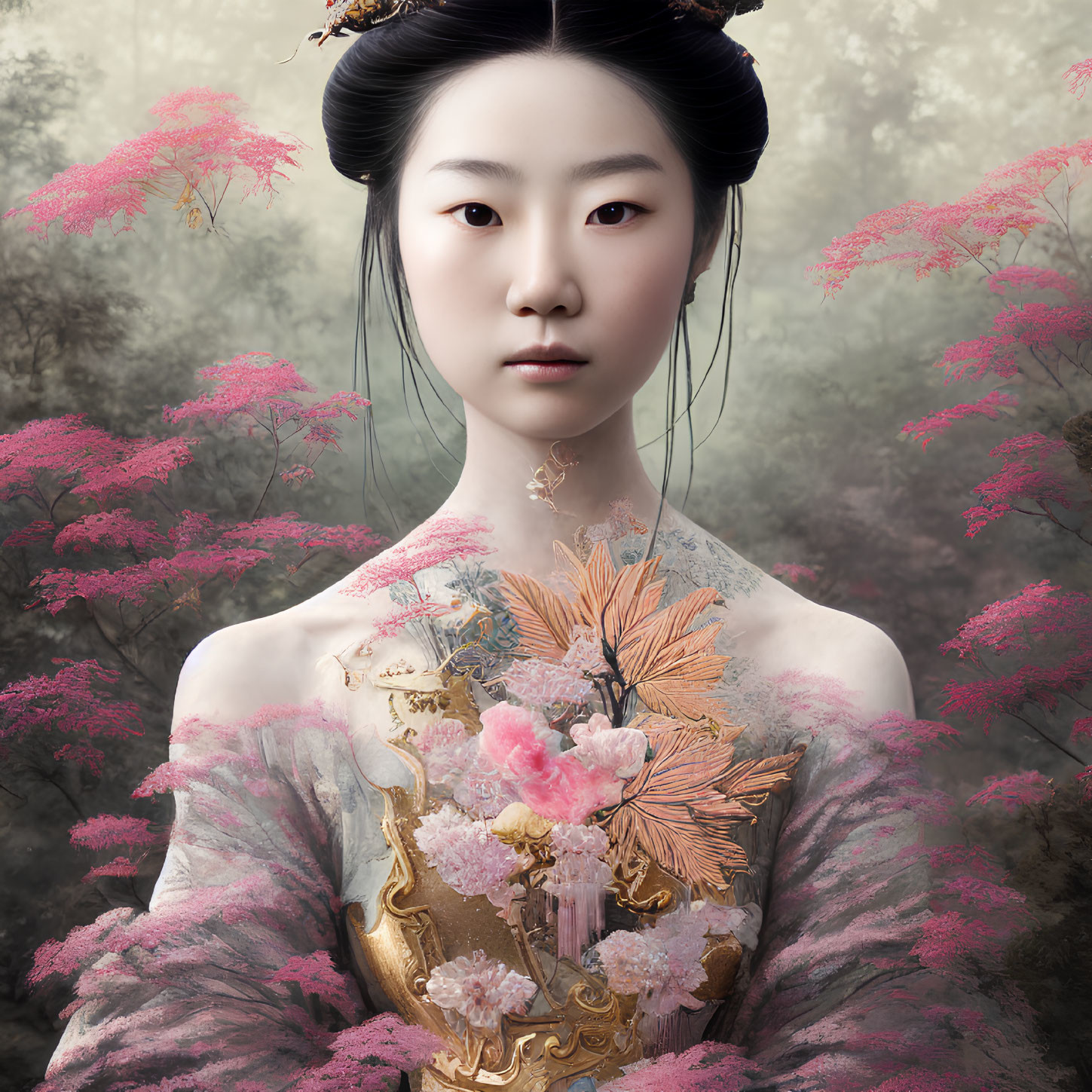 Traditional Makeup Woman Surrounded by Pink Blossoms and Floral Dress