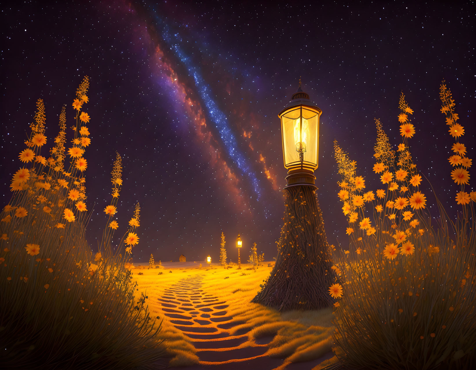 Starry Night Sky with Glowing Lamppost and Orange Flowers