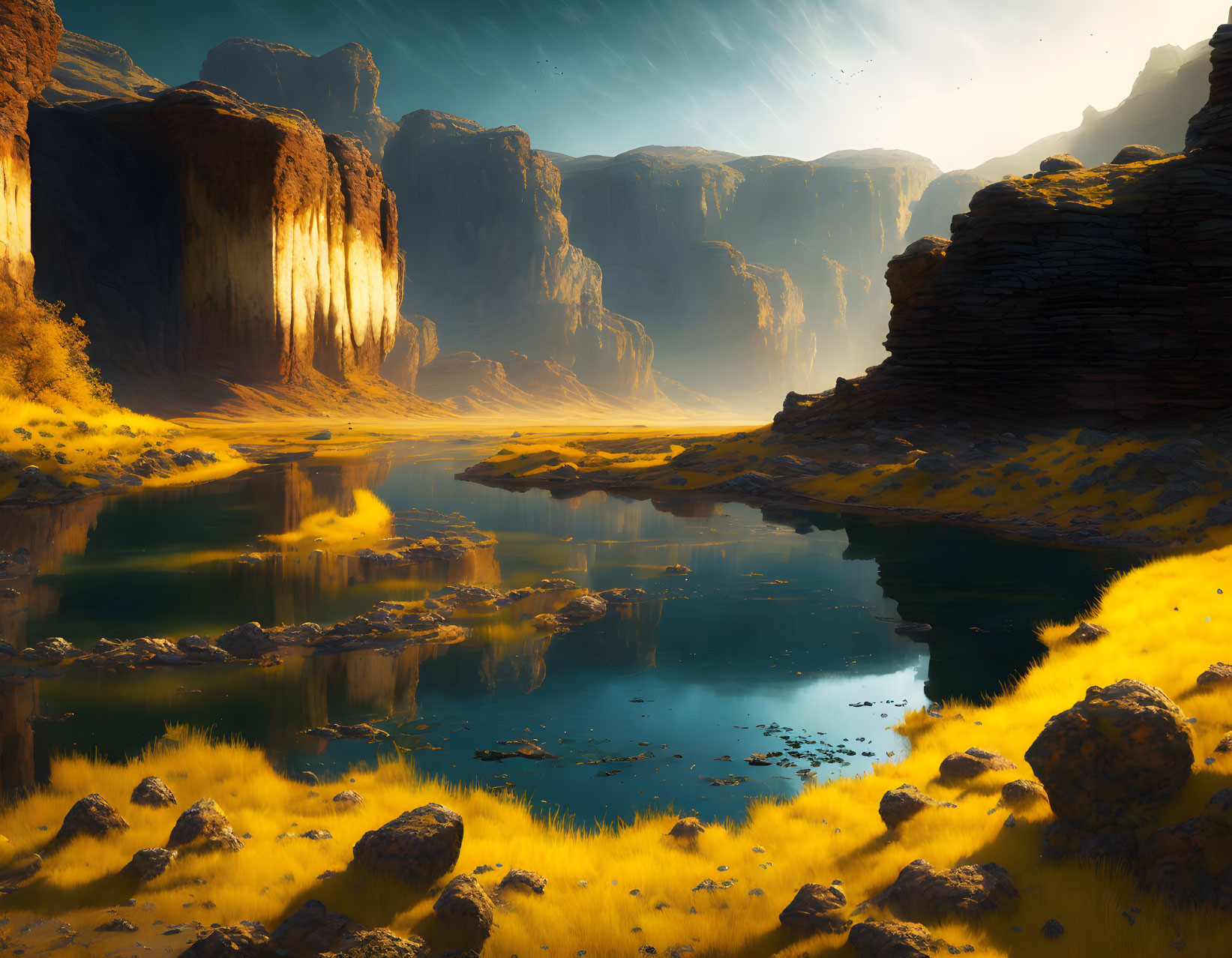 Tranquil landscape with glowing yellow grass, towering cliffs, reflective river, and ethereal light