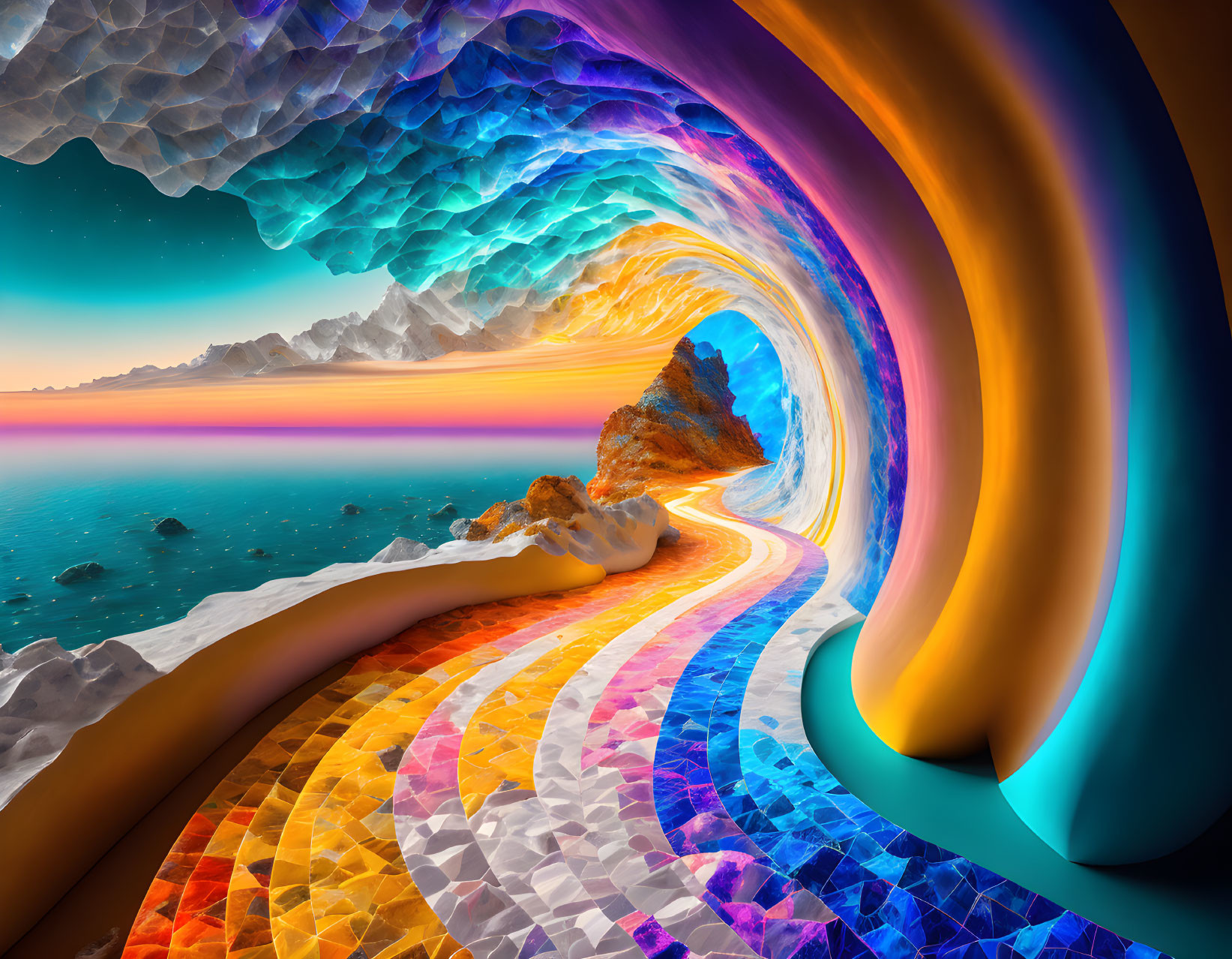 Colorful surreal landscape with wave-like structure above coastal sunset.