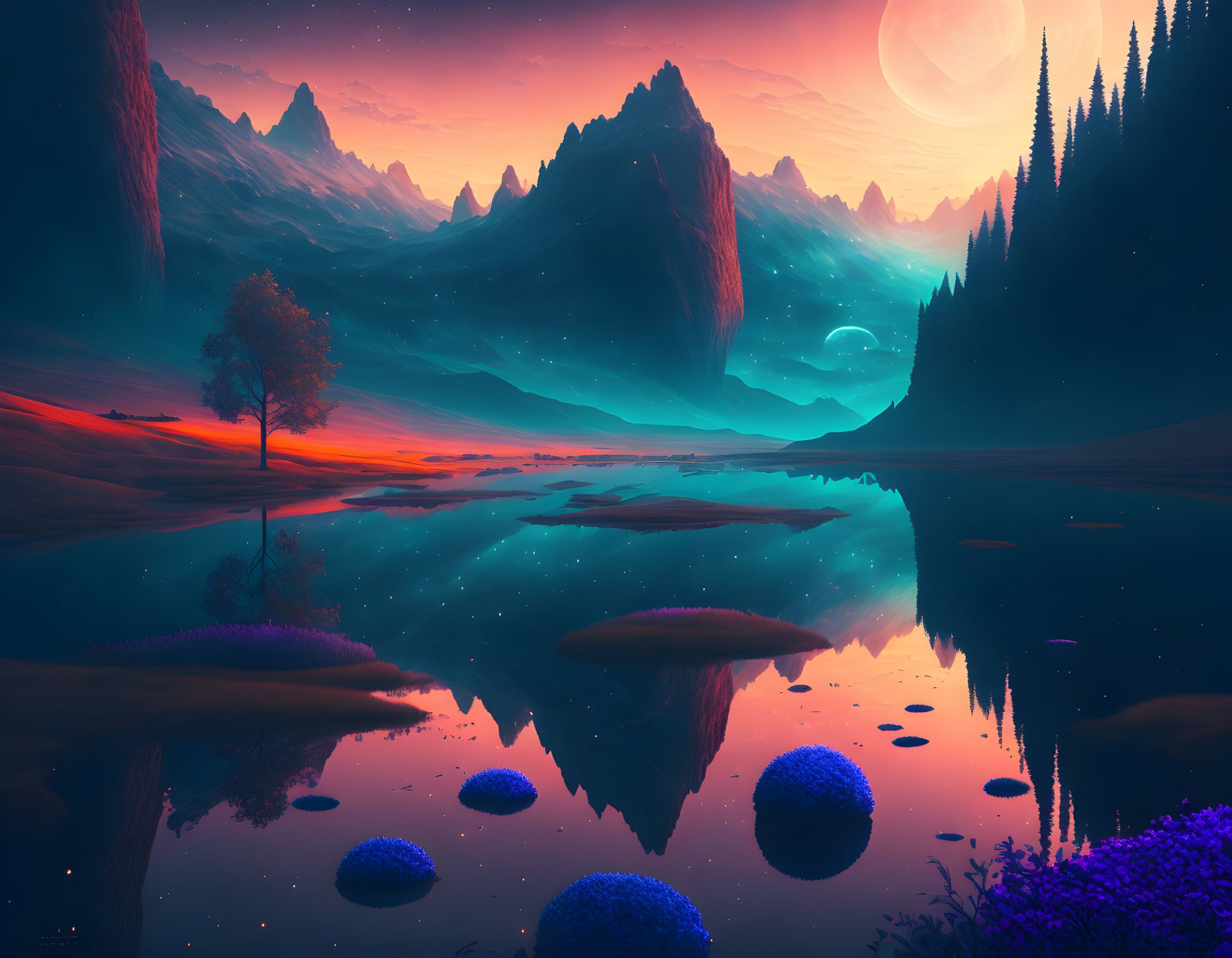 Alien landscape with pink sky, moon, lake, mountains, blue & purple flora