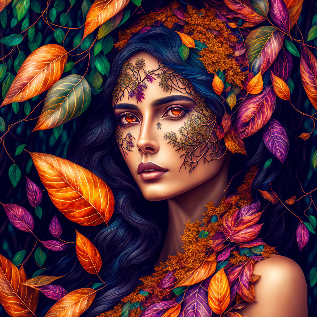 Colorful autumn-themed illustration of a woman with leaf and branch patterns.