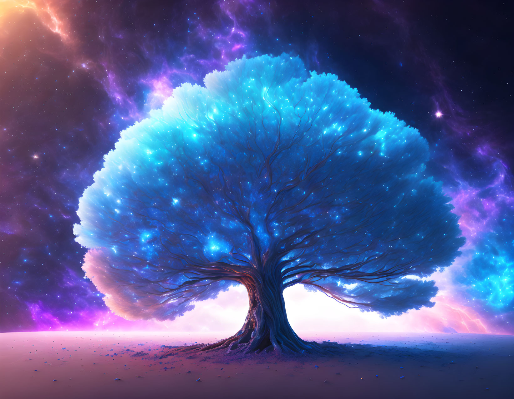 Colorful illustration of lone tree with blue leaves in cosmic sky