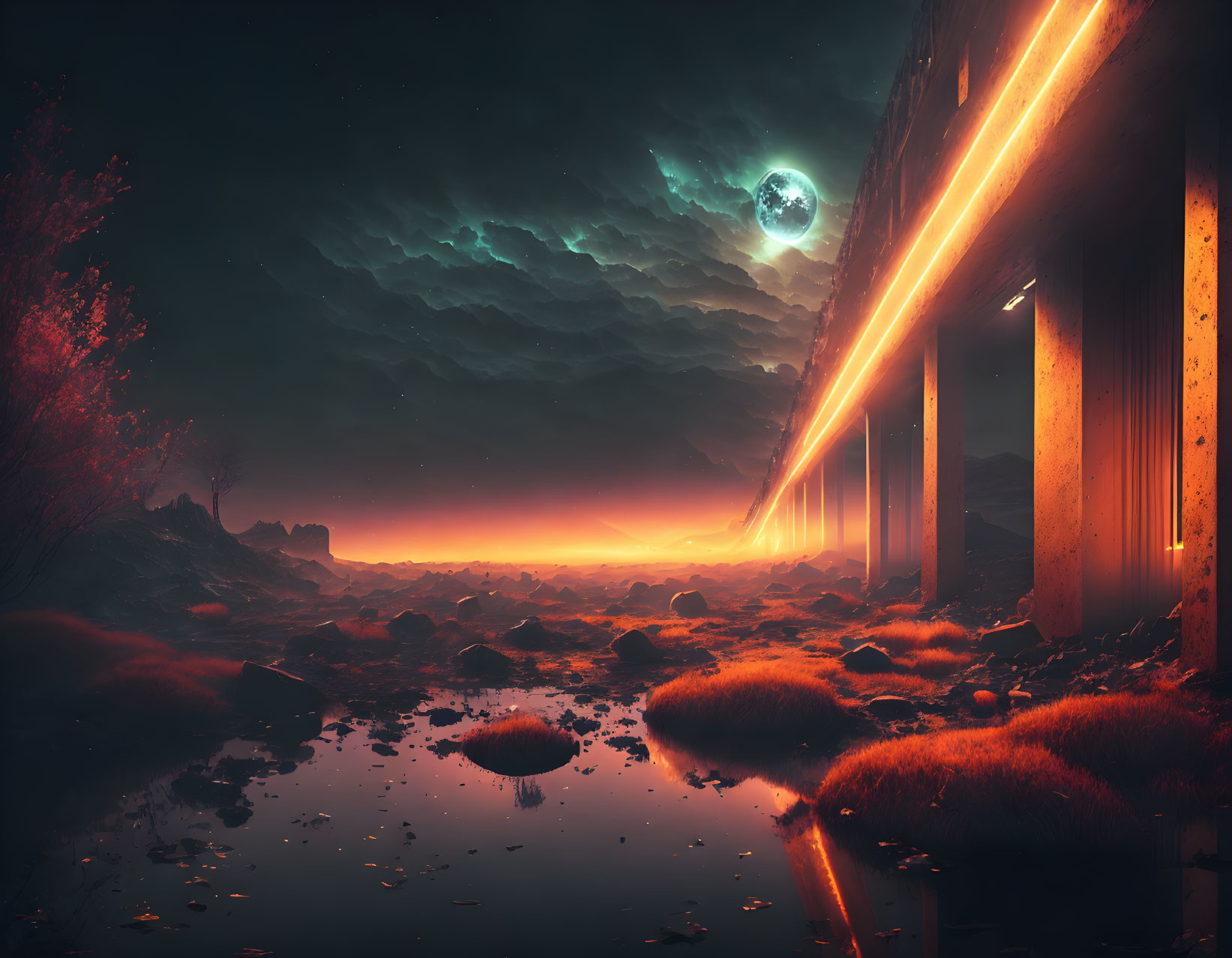 Dystopian landscape with glowing red sky and surreal moon