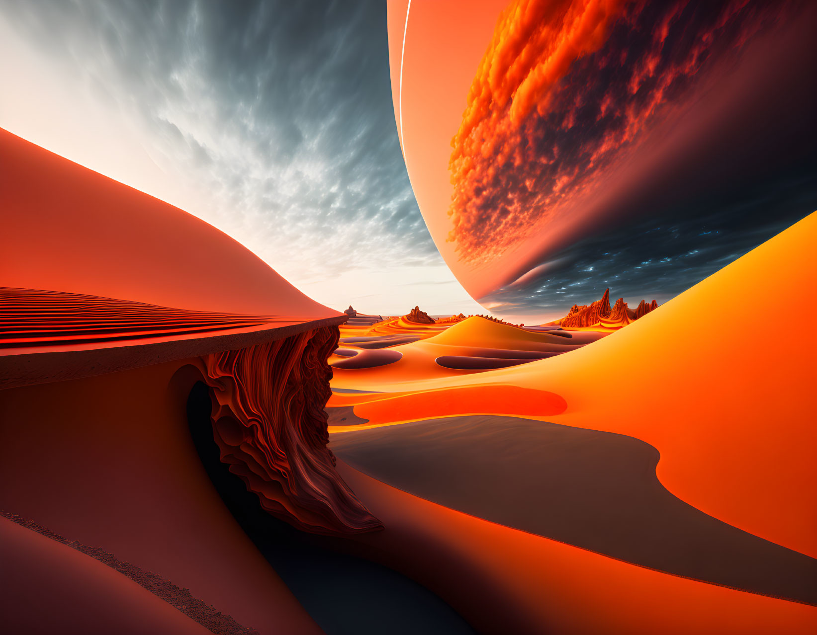 Surreal landscape with undulating sand dunes and oversized orbiting planet