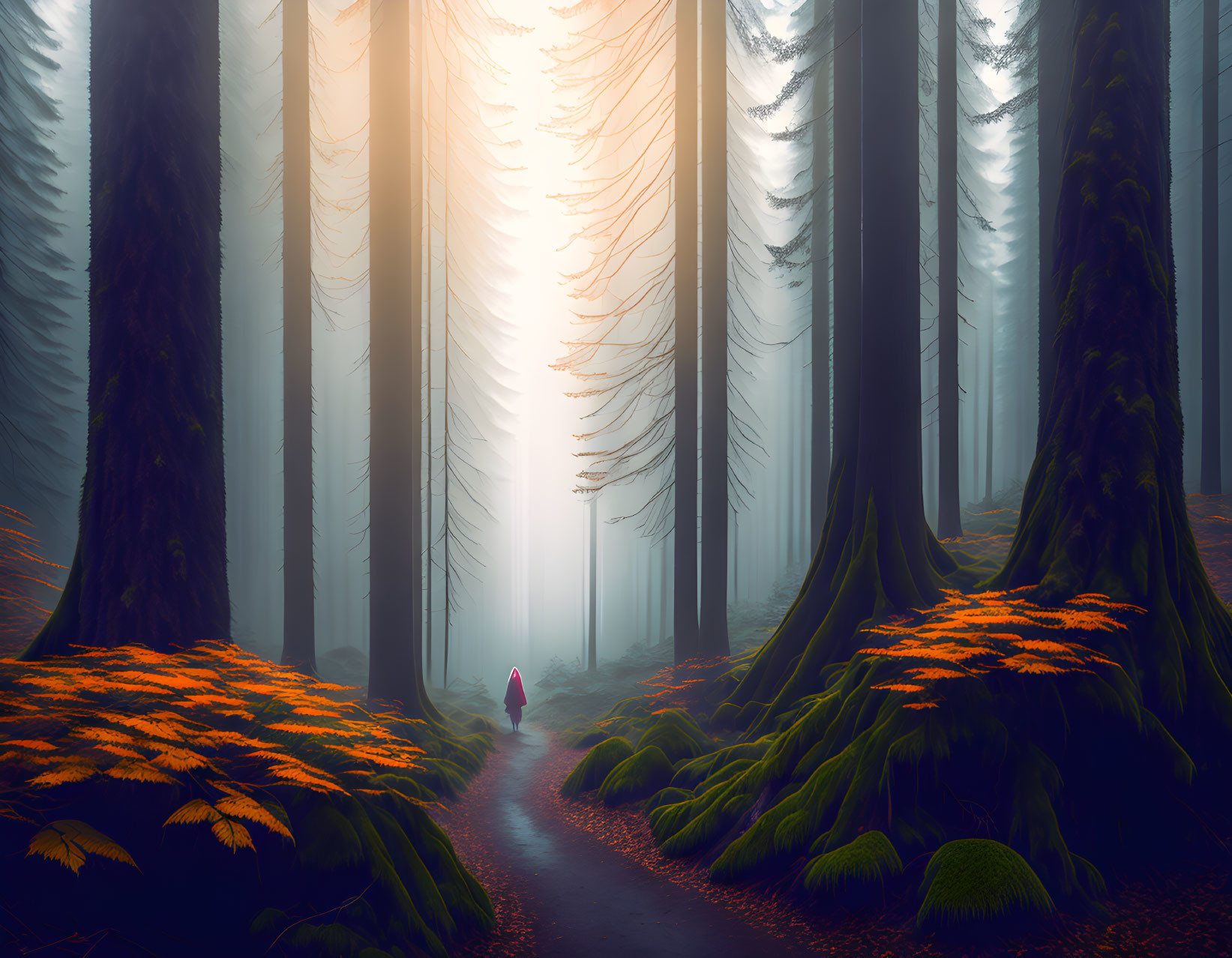 Person walking on forest path surrounded by tall trees and sunlight filtering through fog and orange leaves.