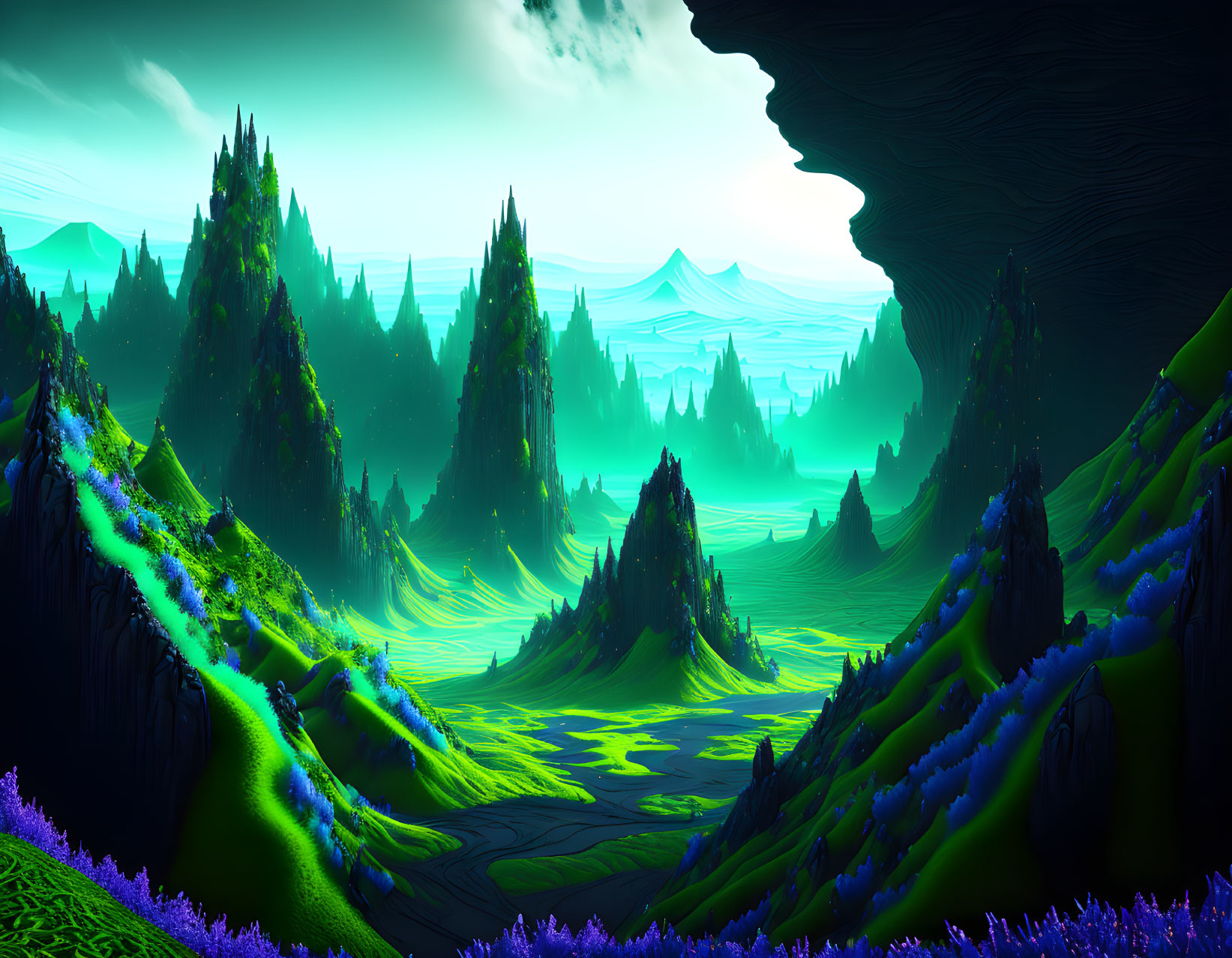 Luminous flora, green hills, tall pine trees in serene digital landscape