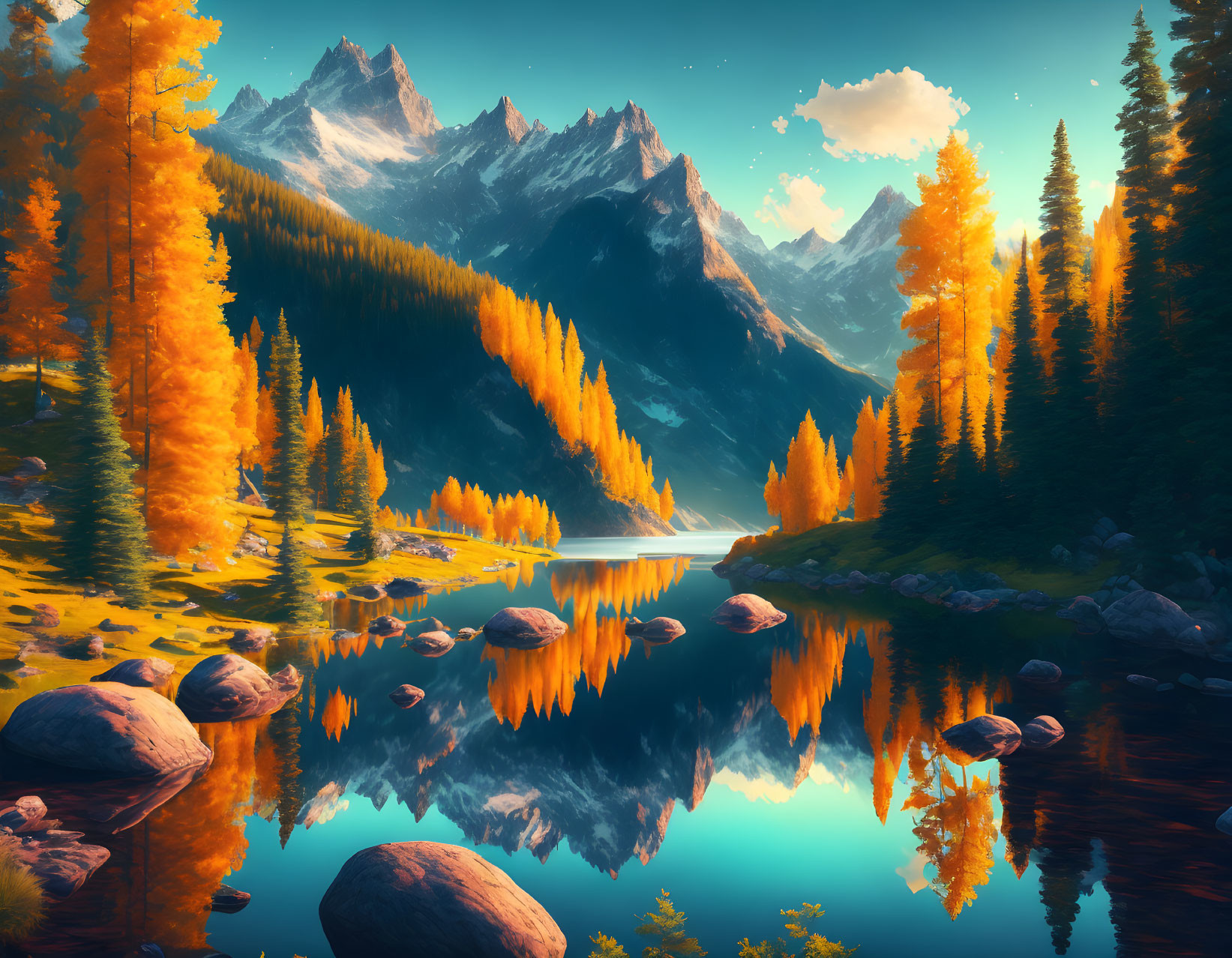 Tranquil autumn landscape with colorful foliage reflected in mountain lake