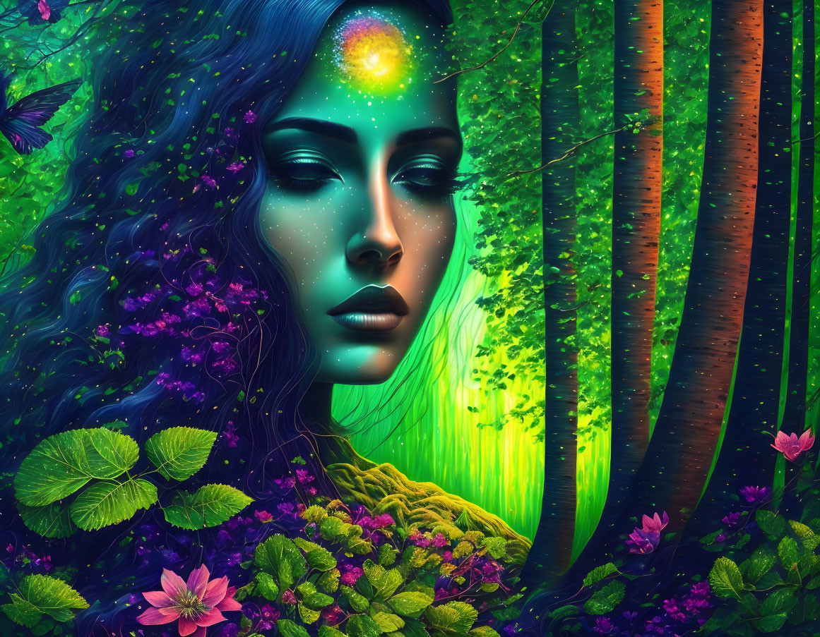 Woman's face merging with vibrant forest scene showcasing rich greenery and flowers