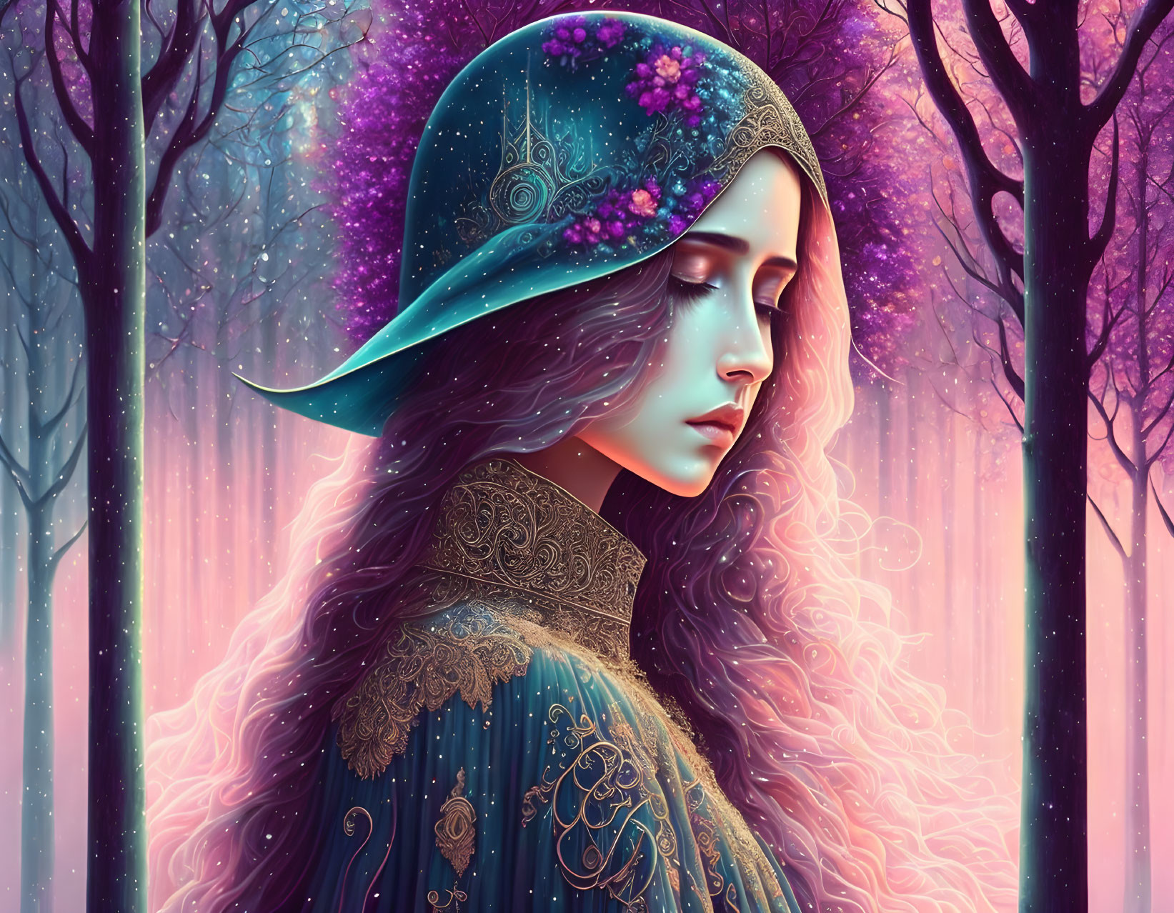 Long-haired woman in ornate attire standing in mystical purple forest