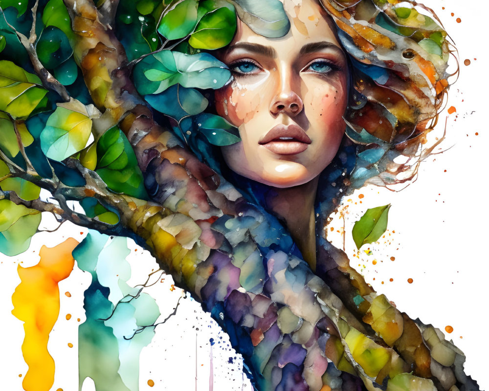 Colorful Watercolor Painting of Woman's Face Blending with Tree