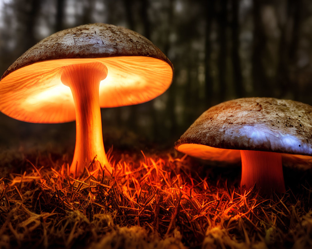 Luminous orange mushrooms in dark forest setting