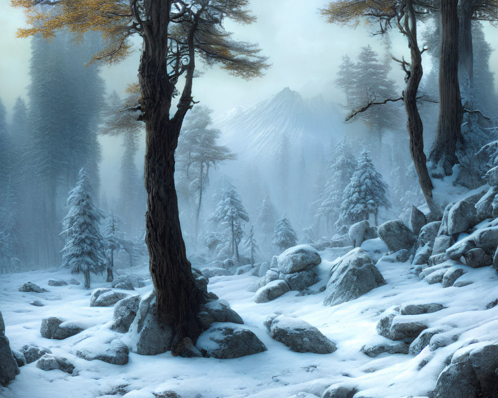 Snow-covered winter forest with misty atmosphere