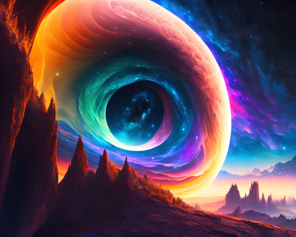 Surreal landscape digital artwork with swirling wormhole above rocky terrain