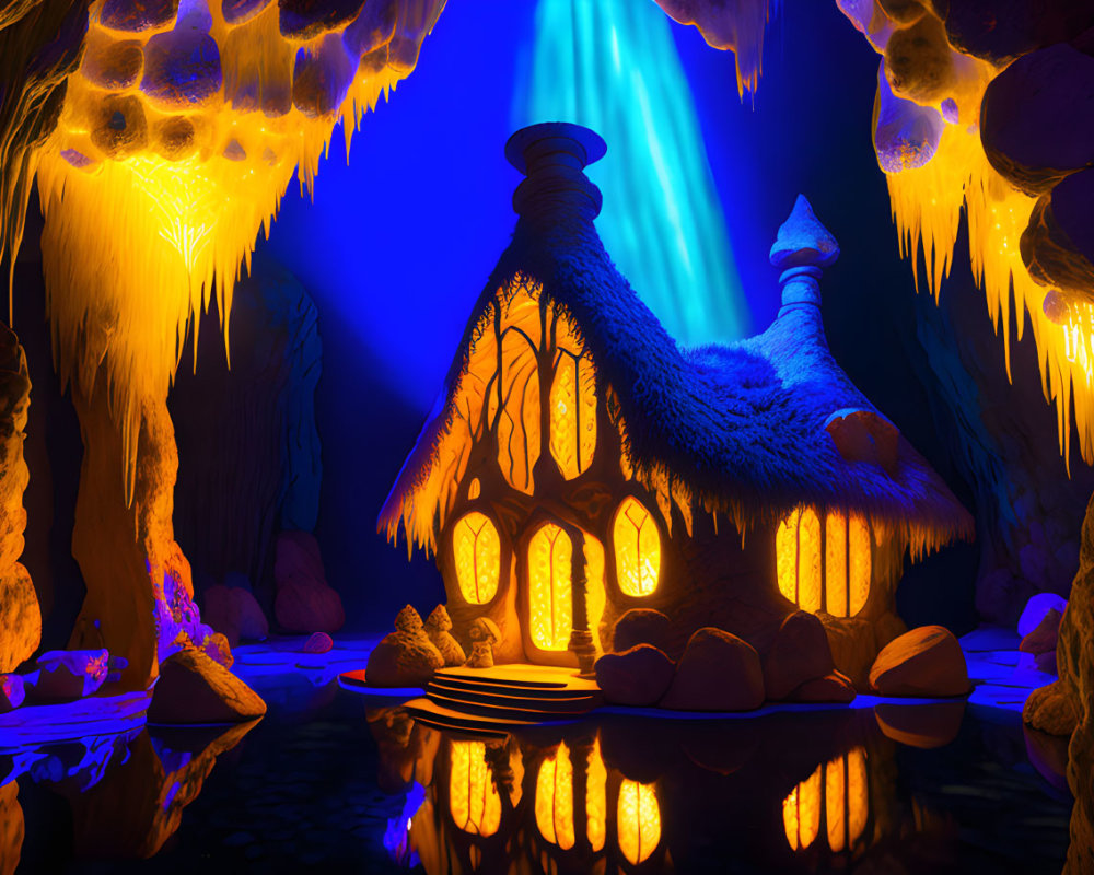 Enchanting Fantasy Cave with Glowing Thatched-Roof Cottage