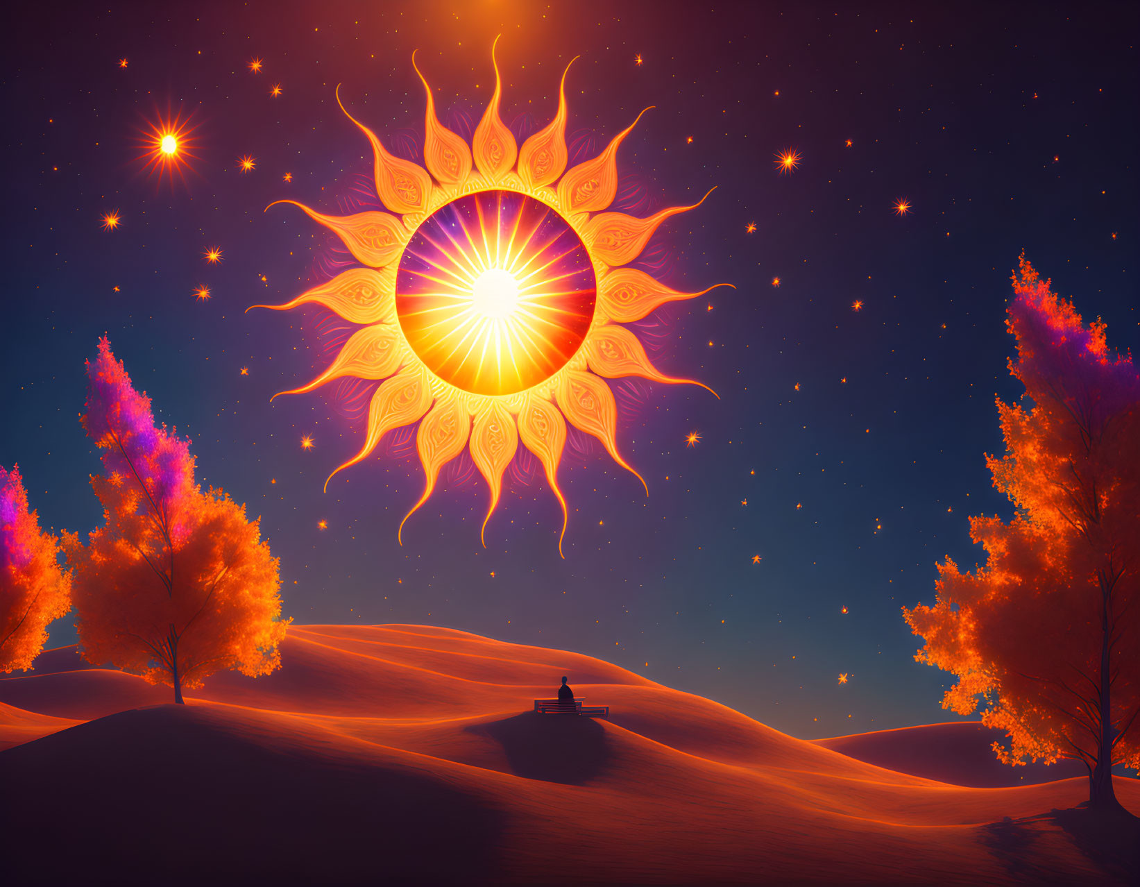 Surreal landscape with sand dunes, ornate sun, starry sky, and autumn trees