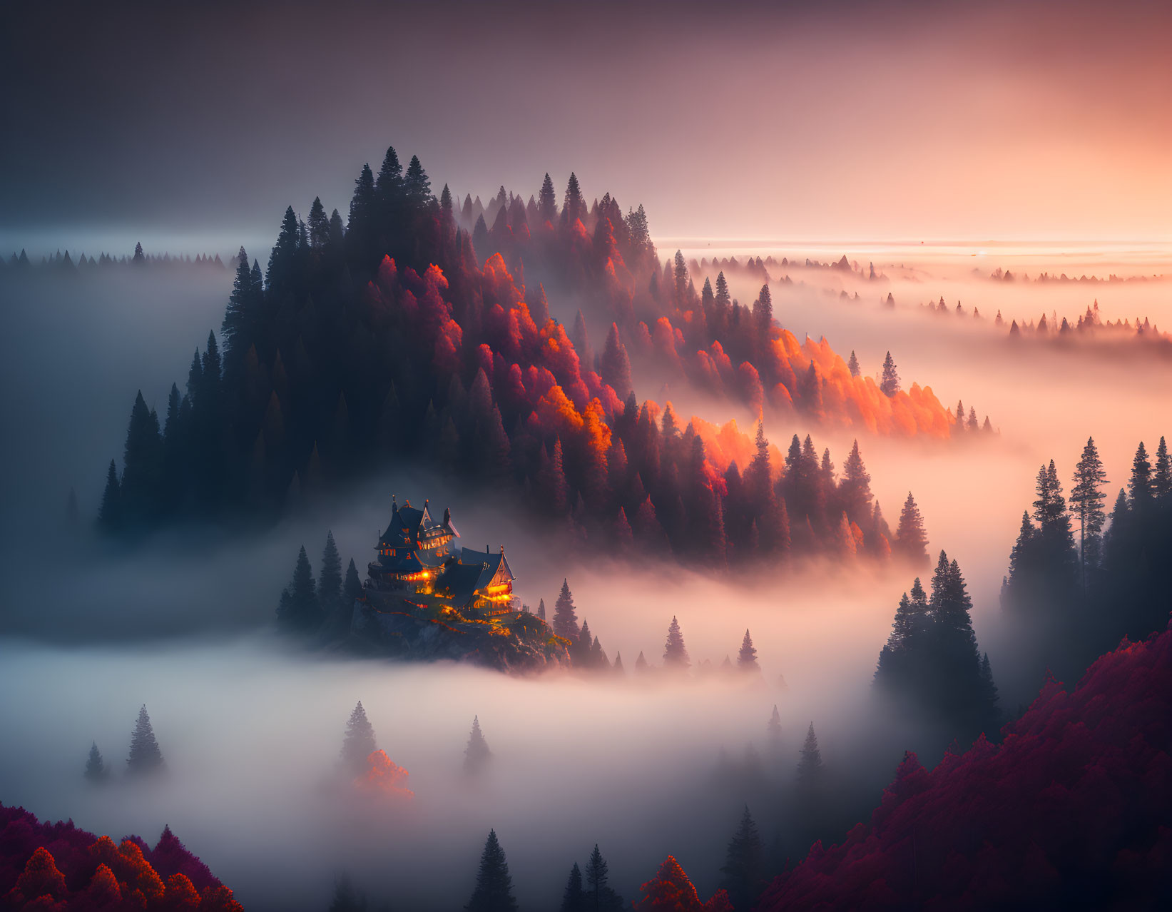 Twilight landscape with illuminated house in misty autumn forest