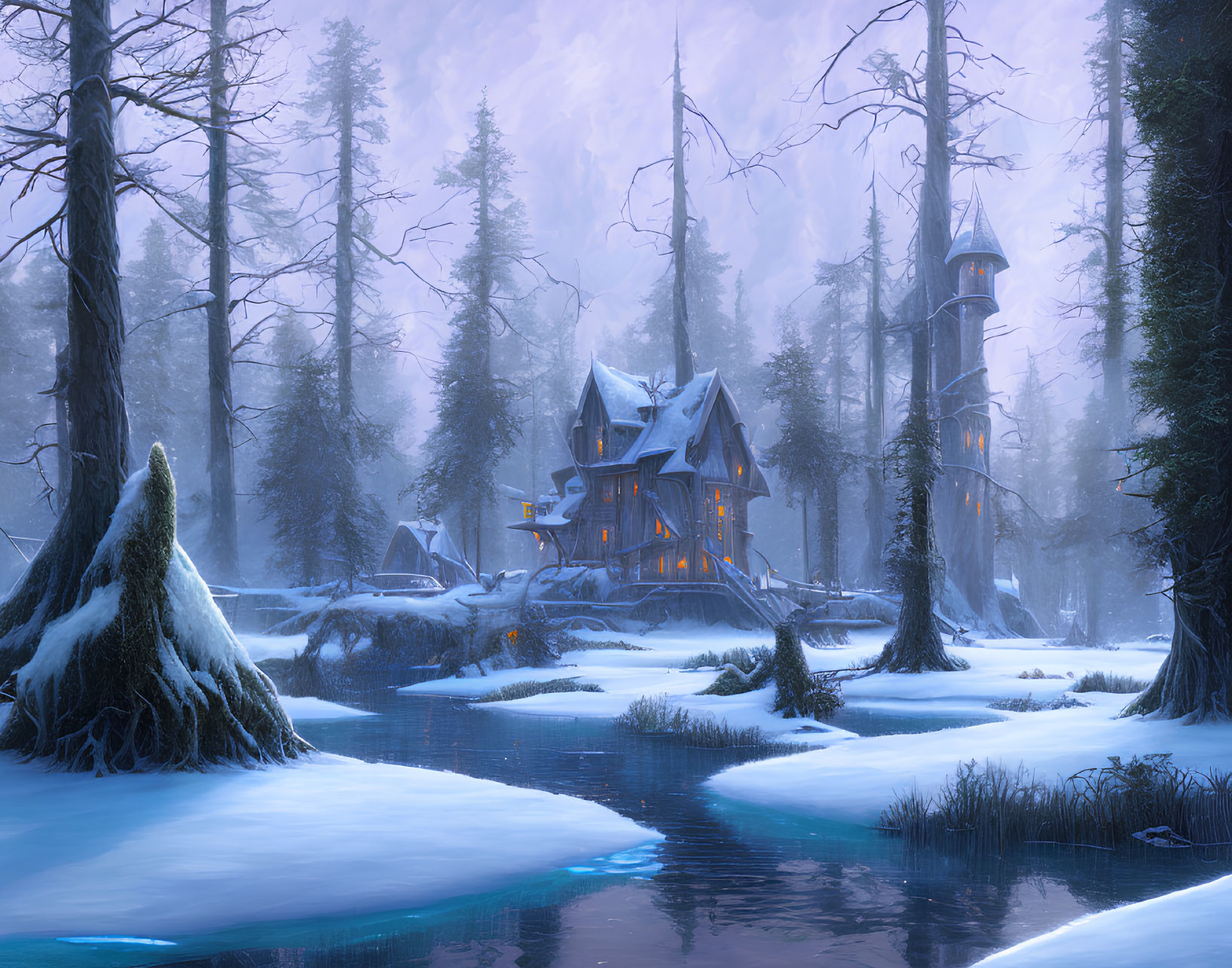 Mystical winter scene with cozy house, tower, snow-covered trees