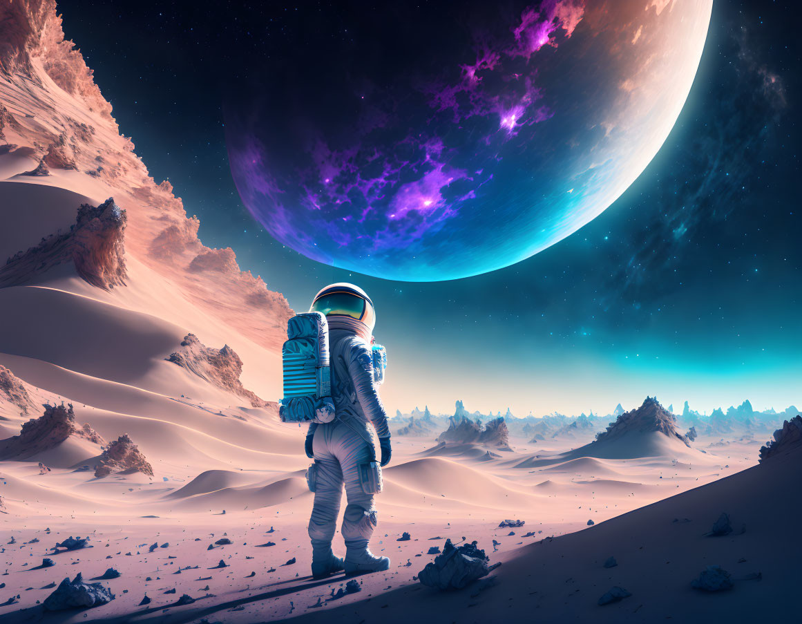 Astronaut exploring desert-like alien planet with purple moon and starry sky