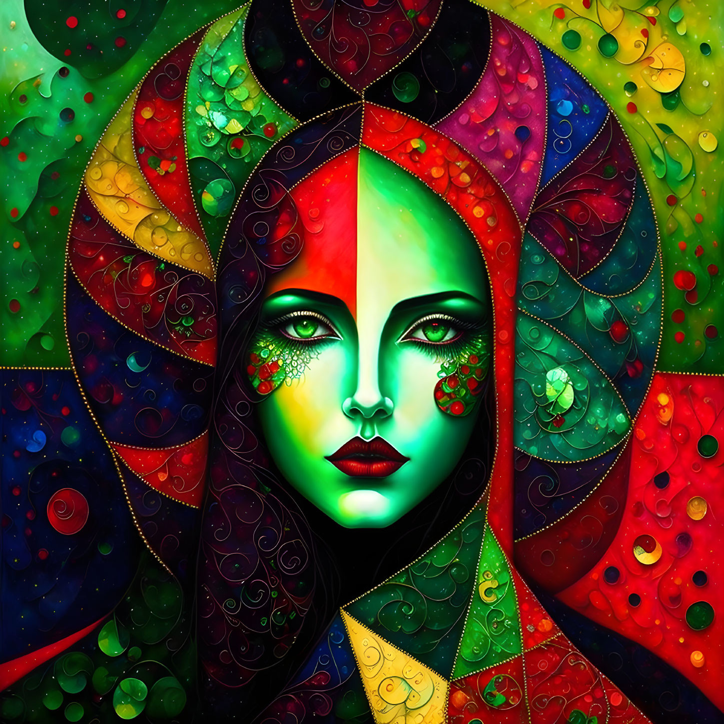 Colorful Digital Artwork of Woman's Face with Symmetrical Patterns and Raindrop Textures