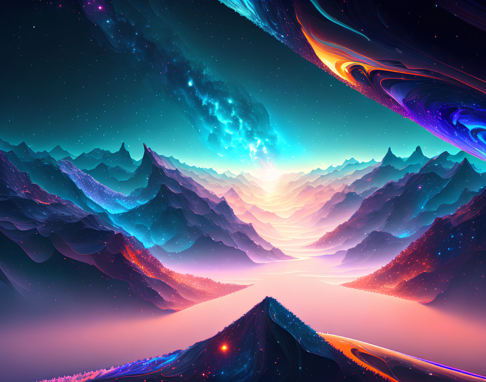 Colorful cosmic landscape with neon mountains and swirling patterns