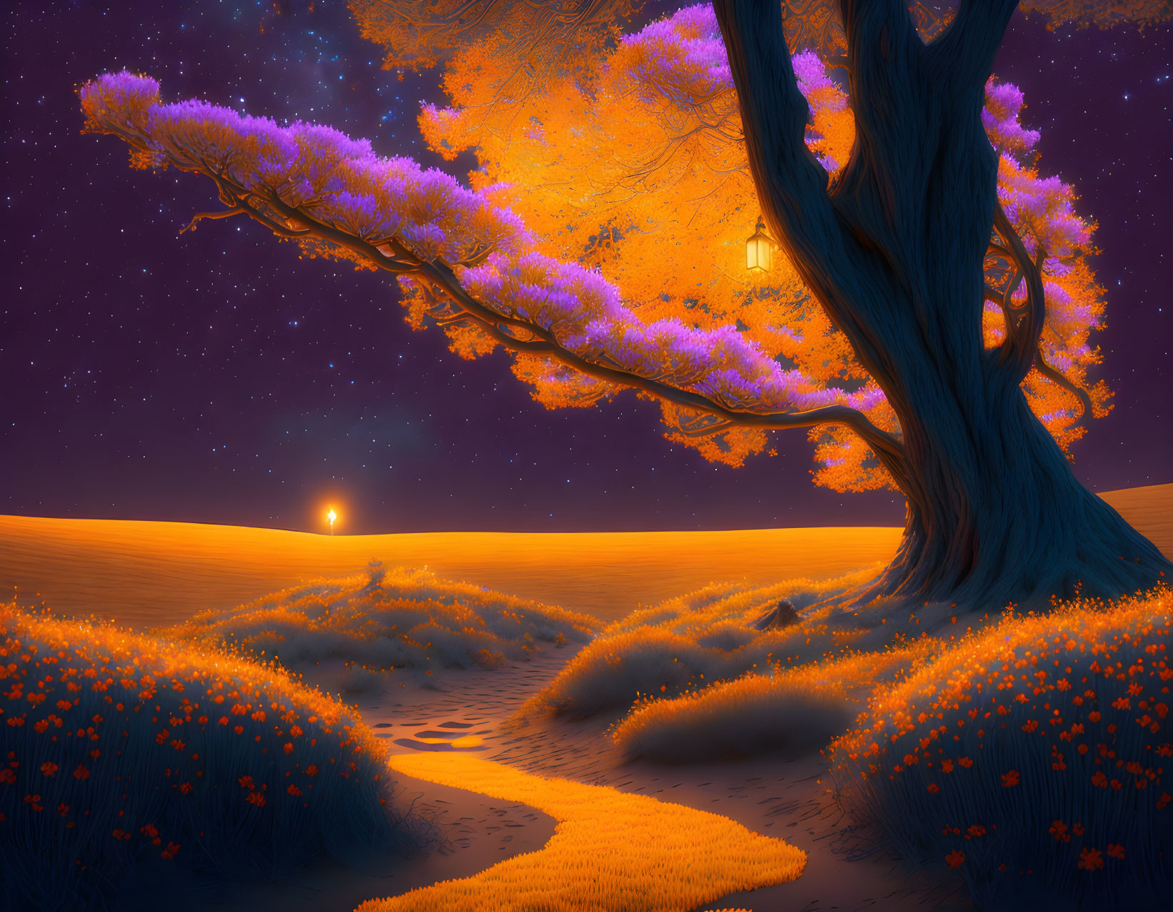 Colorful orange and purple tree with glowing lantern in starry sky scene.