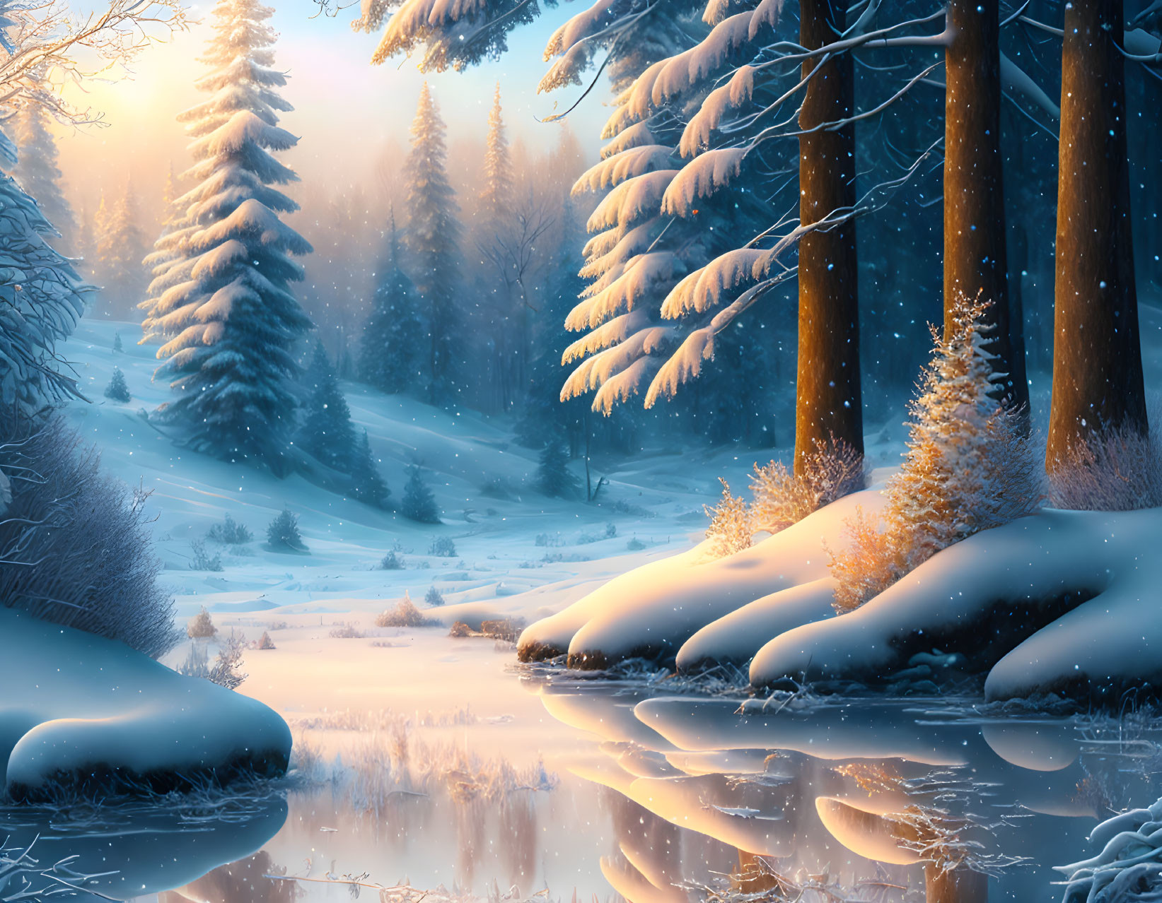 Snow-covered pine trees and frozen river in serene winter landscape