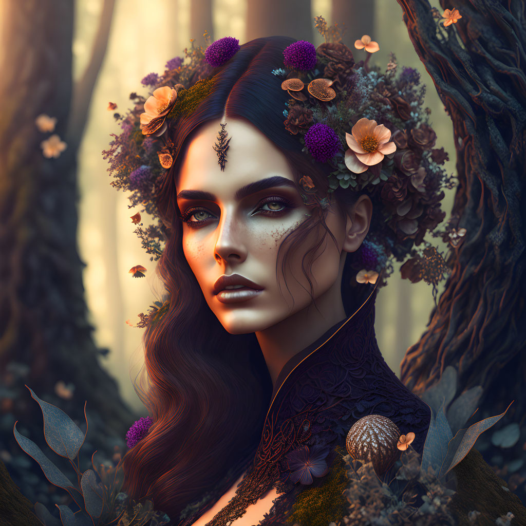 Woman with Floral Adornments and Intricate Makeup in Mystical Forest Portrait