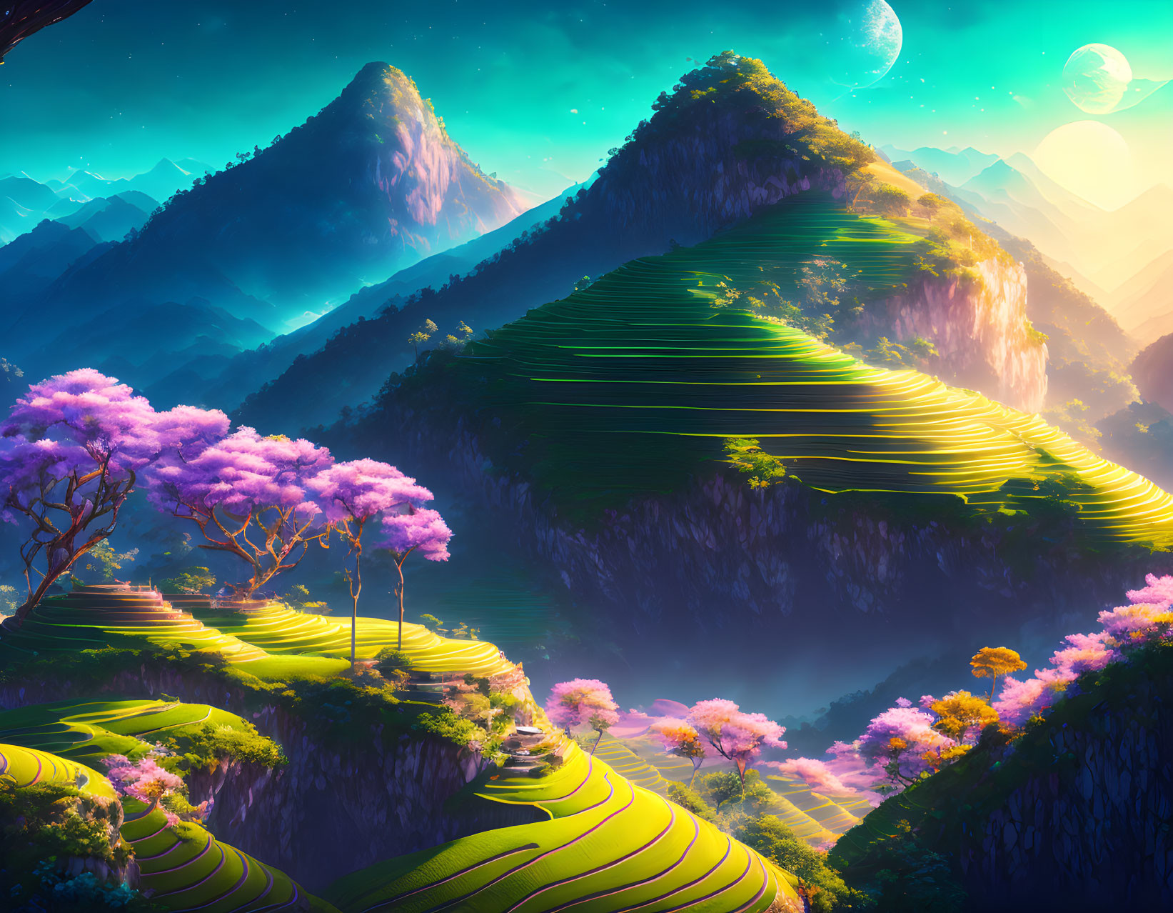 Vibrant landscape with green terraced hills, pink blooming trees, and two moons.