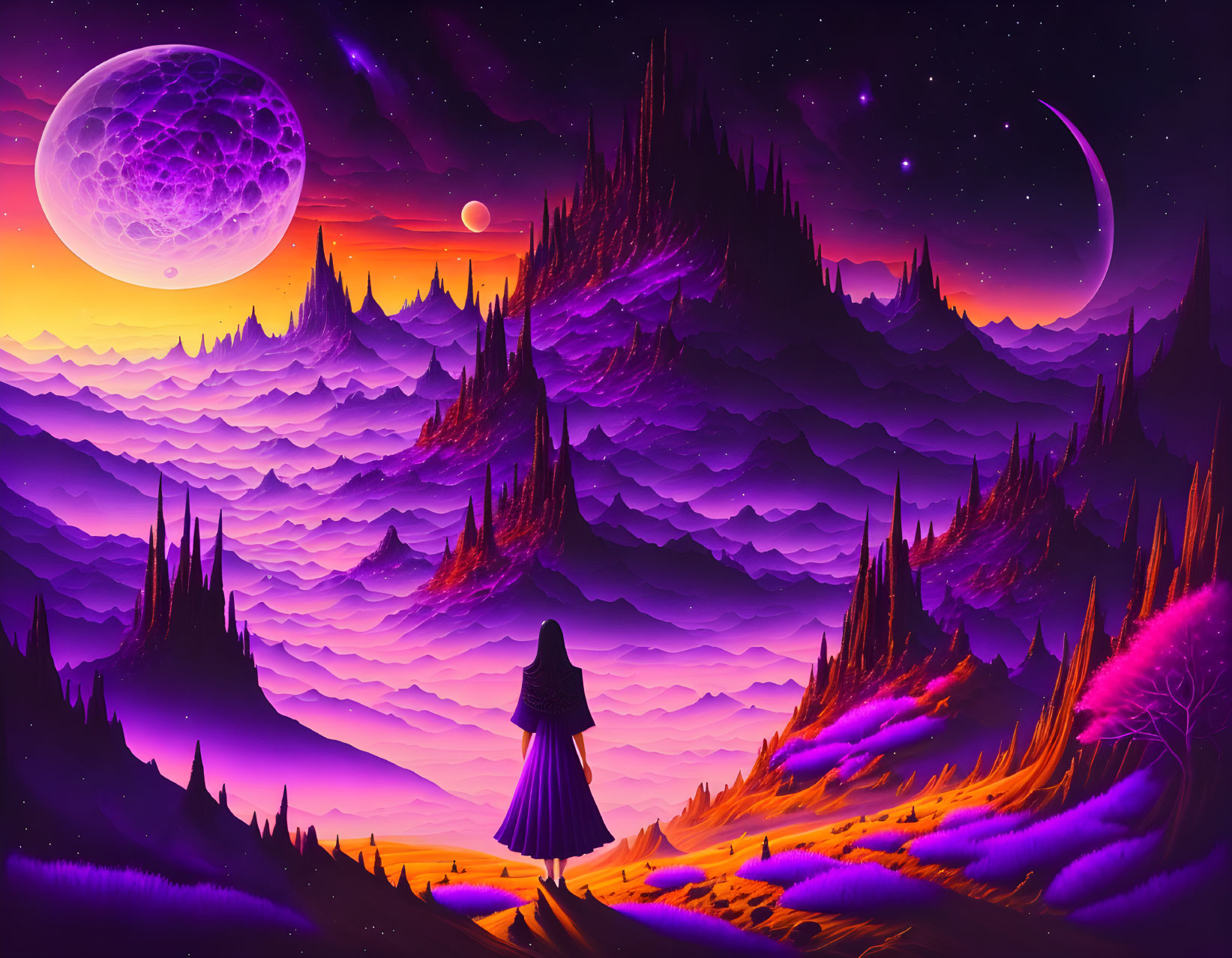 Fantasy figure in mystical landscape with vivid purple hues