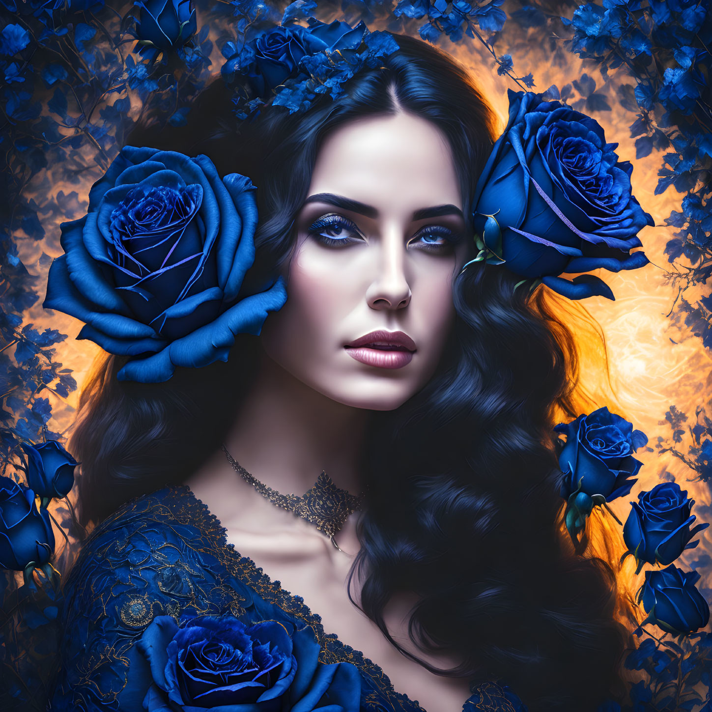 Dark-haired woman with blue eyes surrounded by vibrant blue roses on blue and orange backdrop