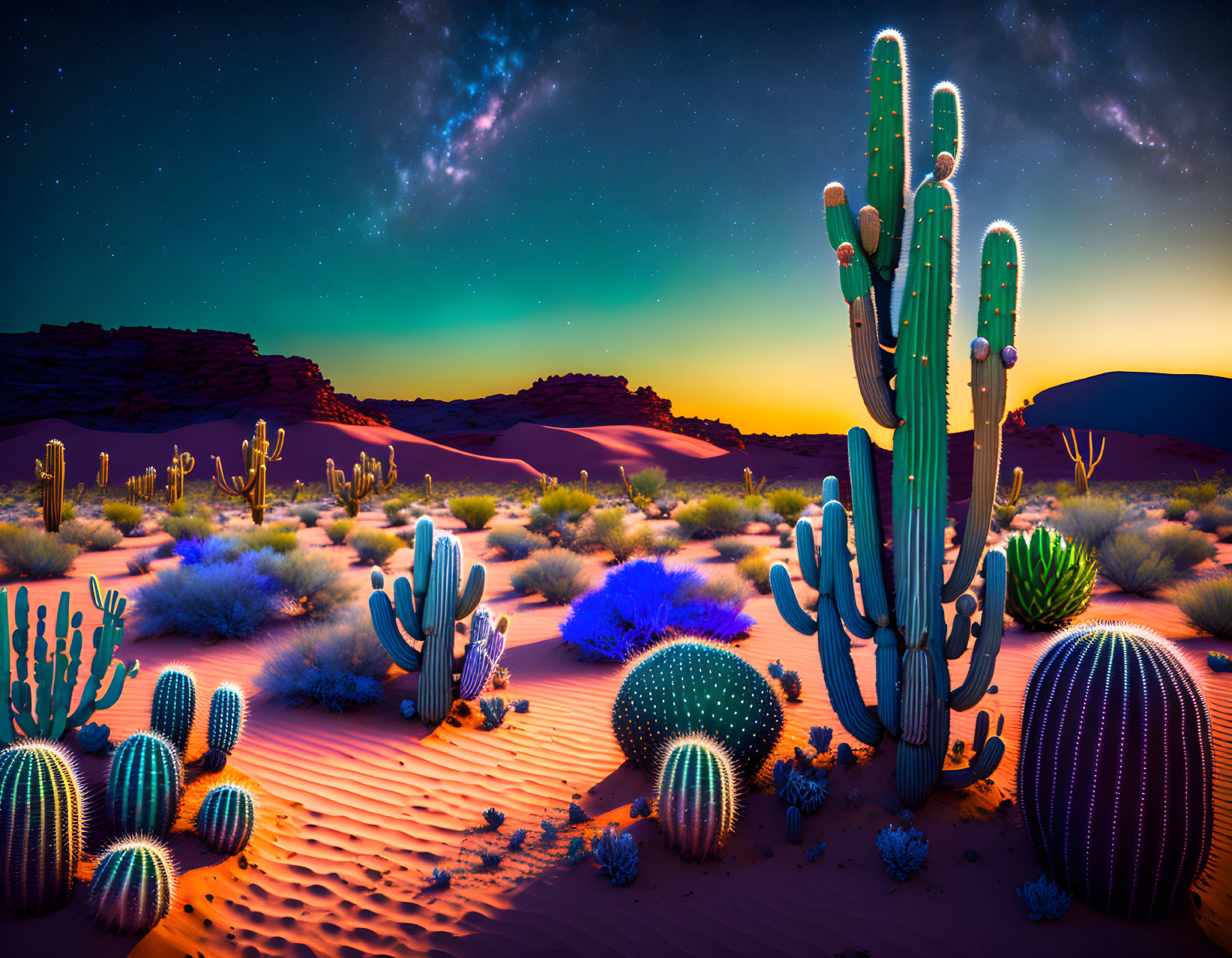 Vibrant desert landscape with cacti, purple flowers, and starry night sky