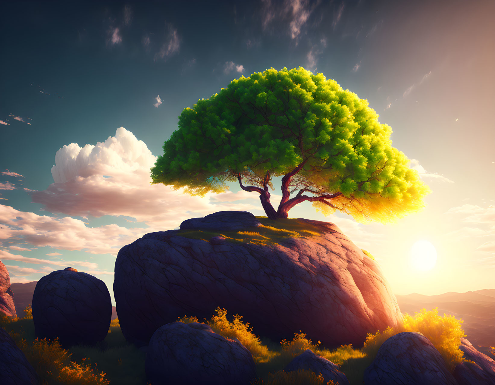 Lush tree on rocky hill under golden sunlight with serene landscape