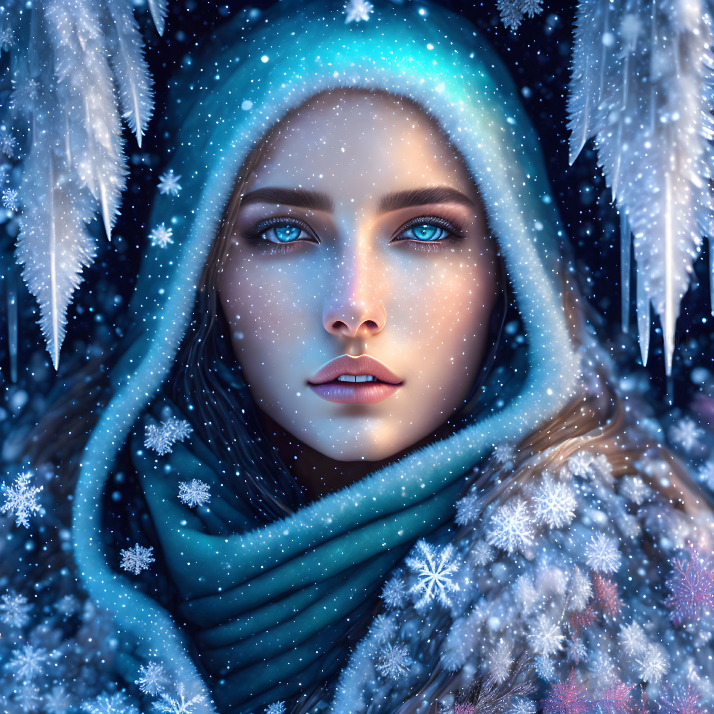 Woman with Blue Eyes in Teal Scarf Surrounded by Snowflakes and Icicles