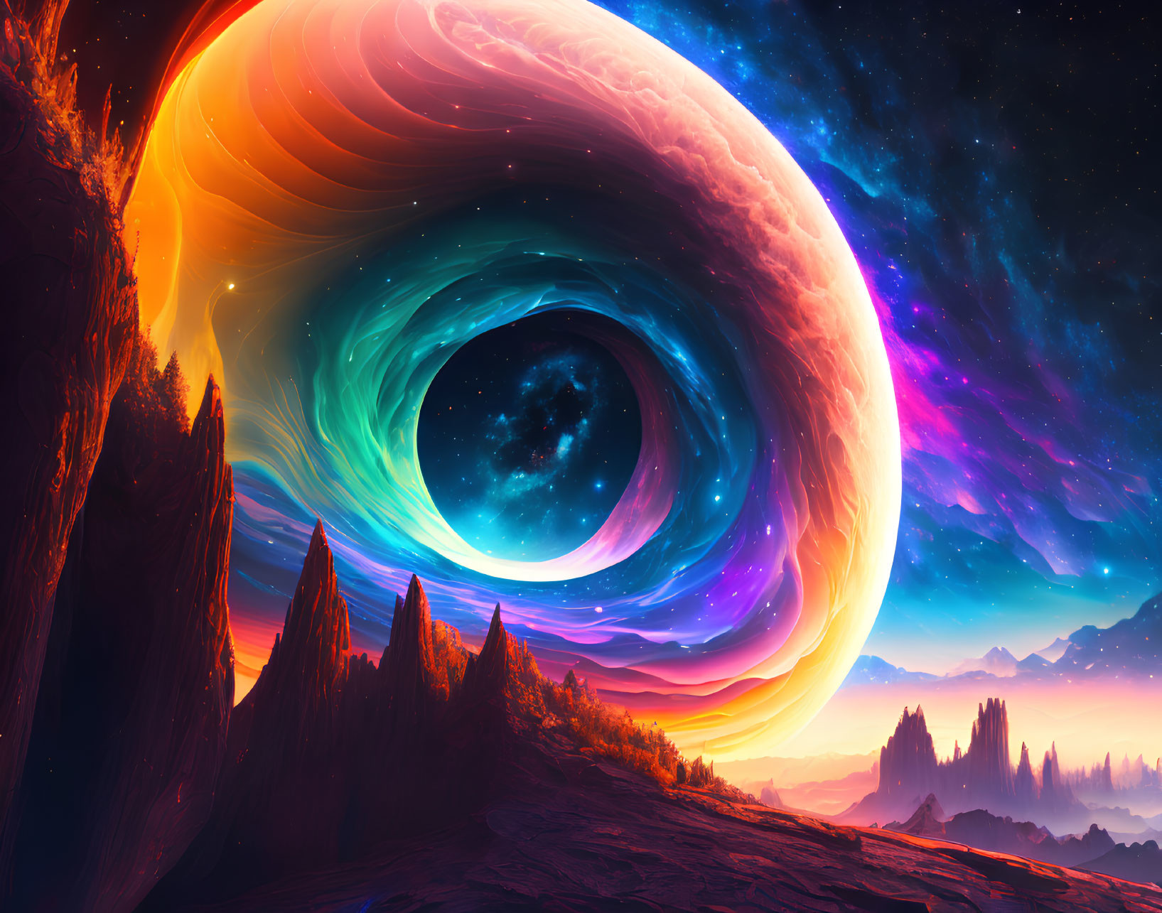 Surreal landscape digital artwork with swirling wormhole above rocky terrain