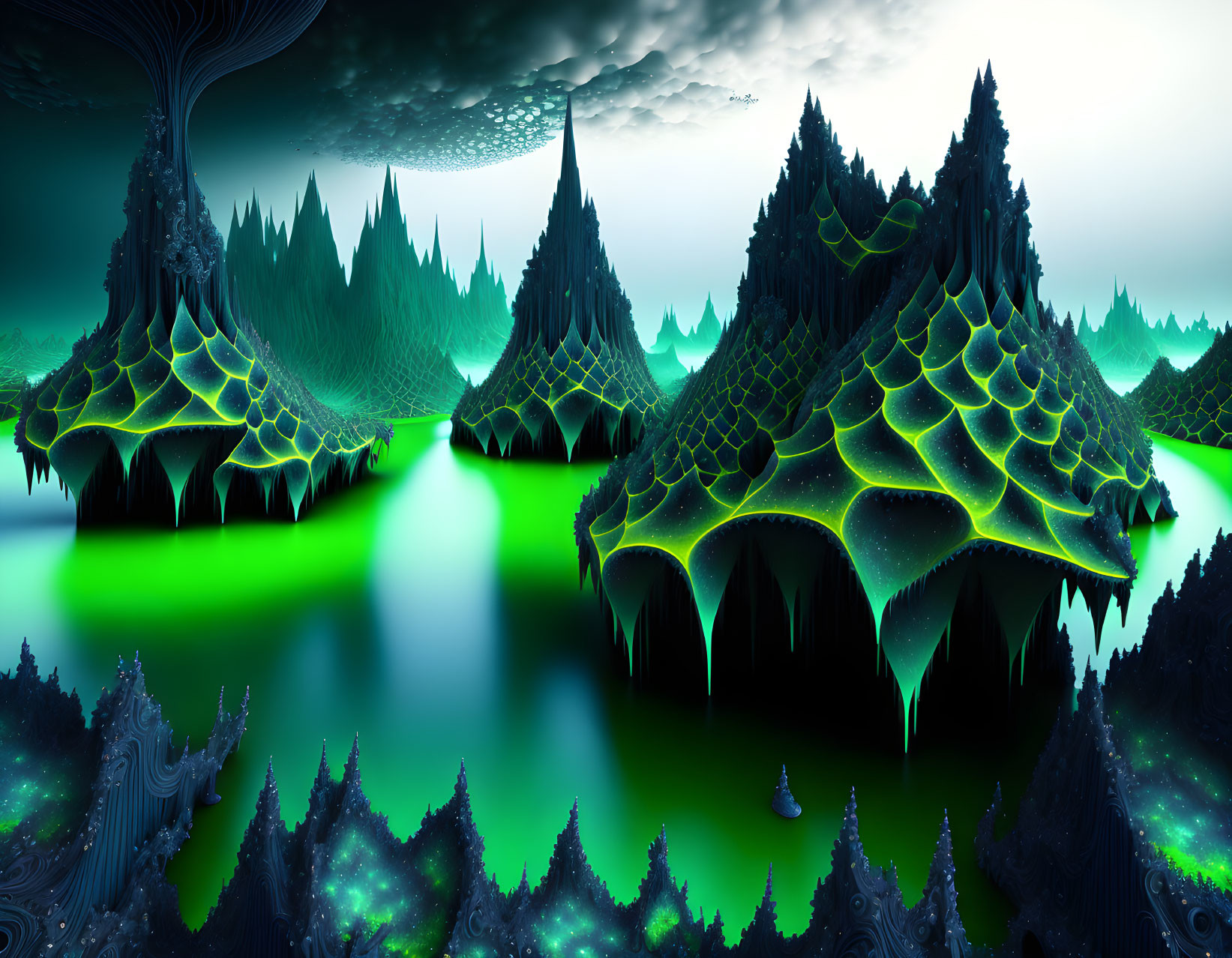 Vivid surreal landscape with neon green and blue hues, floating islands, and eerie trees