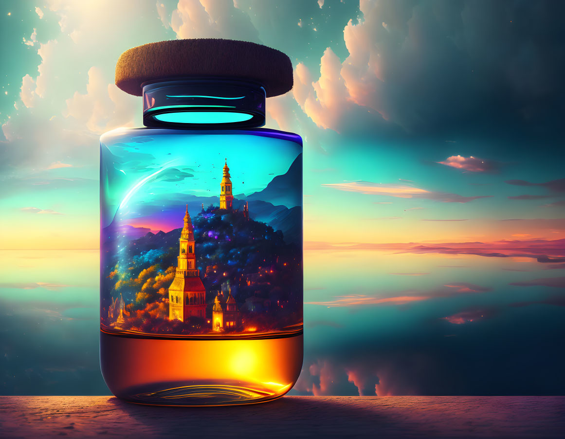 Glowing ethereal cityscape in glass jar against dramatic sunset sky