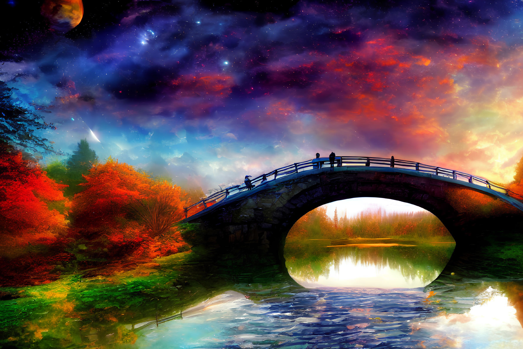 Stone bridge over tranquil river with autumn foliage and starry sky sunset.